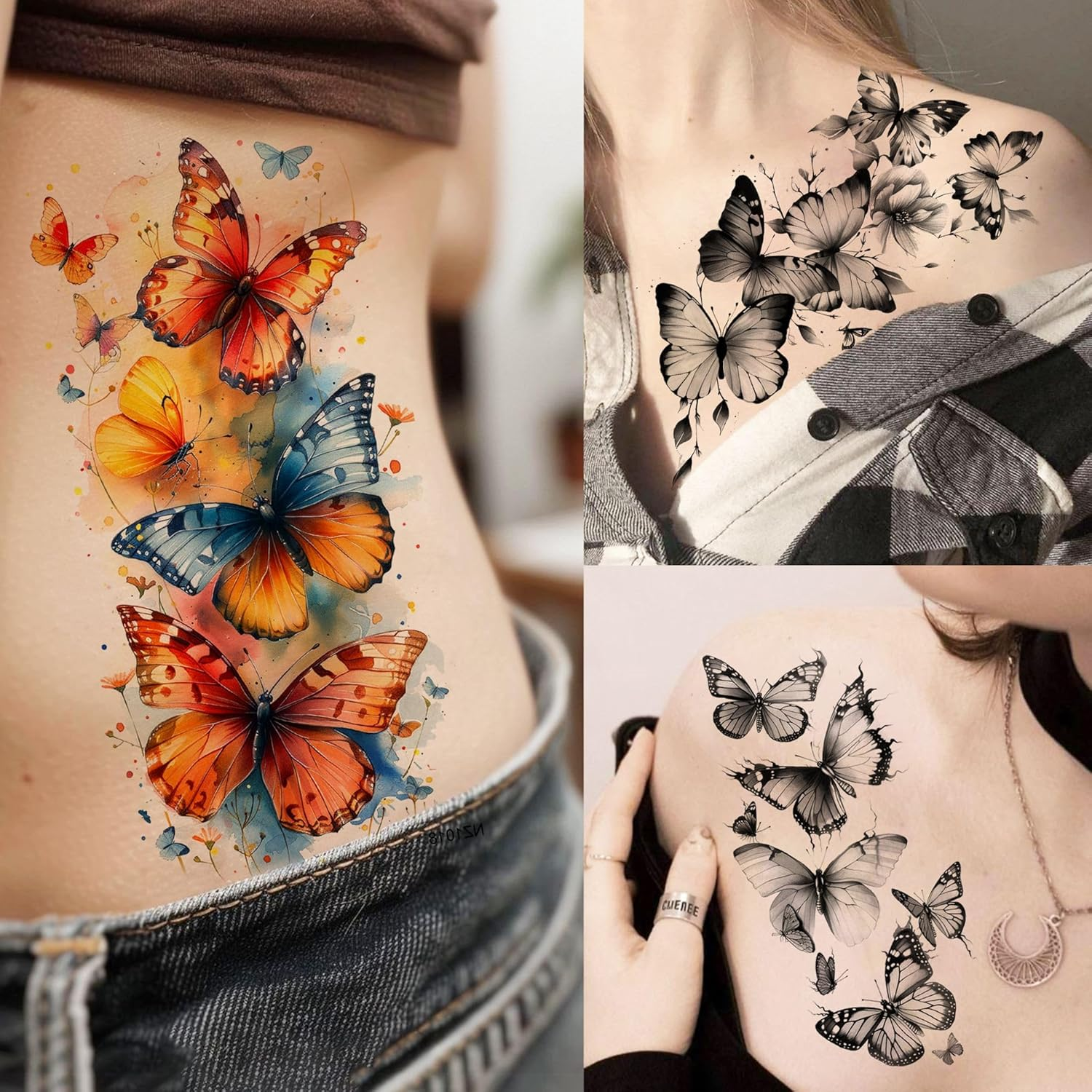 68 Sheets Realistic Butterfly Temporary Tattoos Women Girls Adhesive Tattoos Adults Colourful Half Sleeve 3D Black Butterfly Fake Tattoos for Sticking on the Skin Festival Accessories image number 3
