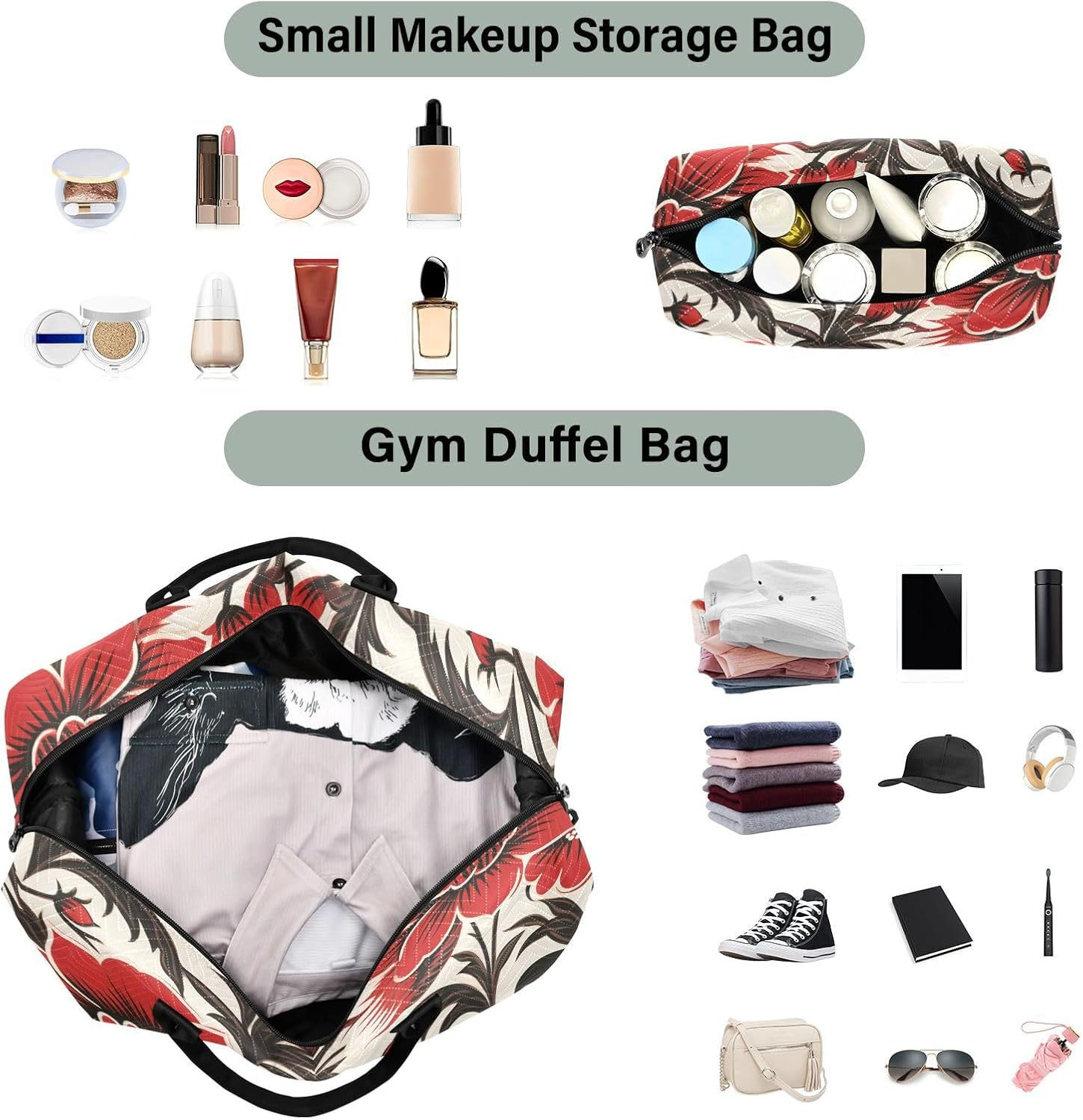 Red Flowers Abstract Retro Travel Tote Bag Travel Weekender Gear Bag Gym Bag with Toiletry Bag for Trip Waterproof, Red Flowers Abstract Retro, 1 Size image number 6