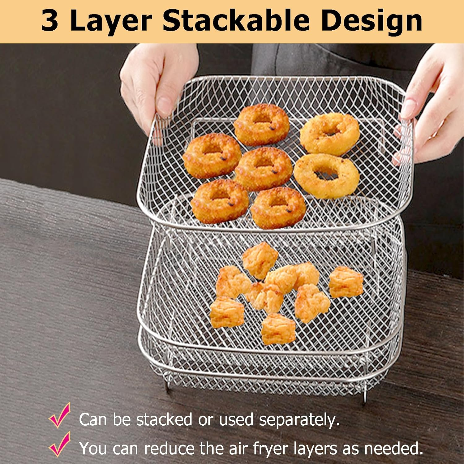 Veldtek 3-Layer Air Fryer Racks Square 304 Stainless Steel Grill Dehydrator Rack Stackable Air Fryer Basket Tray for Oven (Square) - Square image number 2