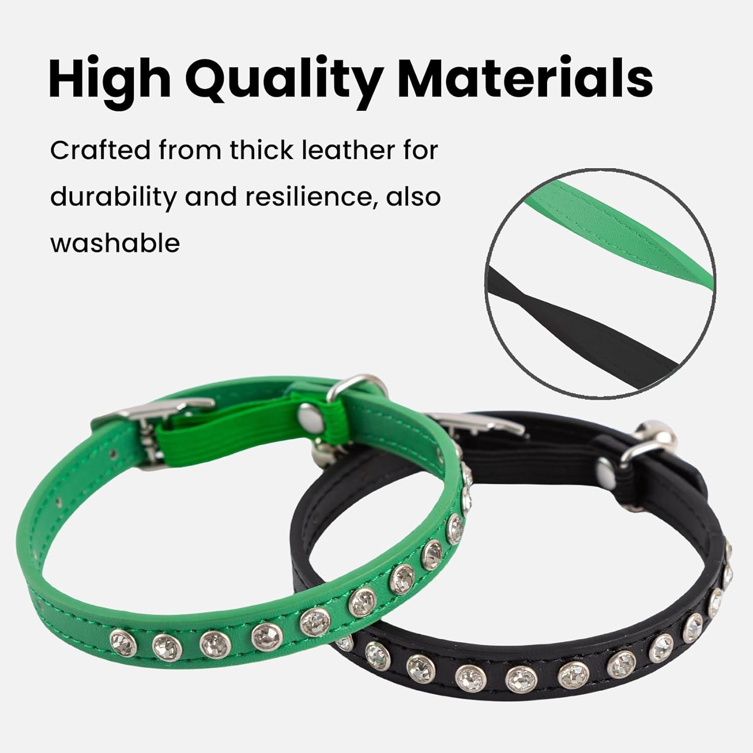 2 Pack Cat Collars with Bells, Rhinestones Leather Cat Collar with Elastic Strap, Kitten Collar, Adjustable Diamond Cat Collar for Girl Boy, 7.5" - 11.5", Black and Green image number 3