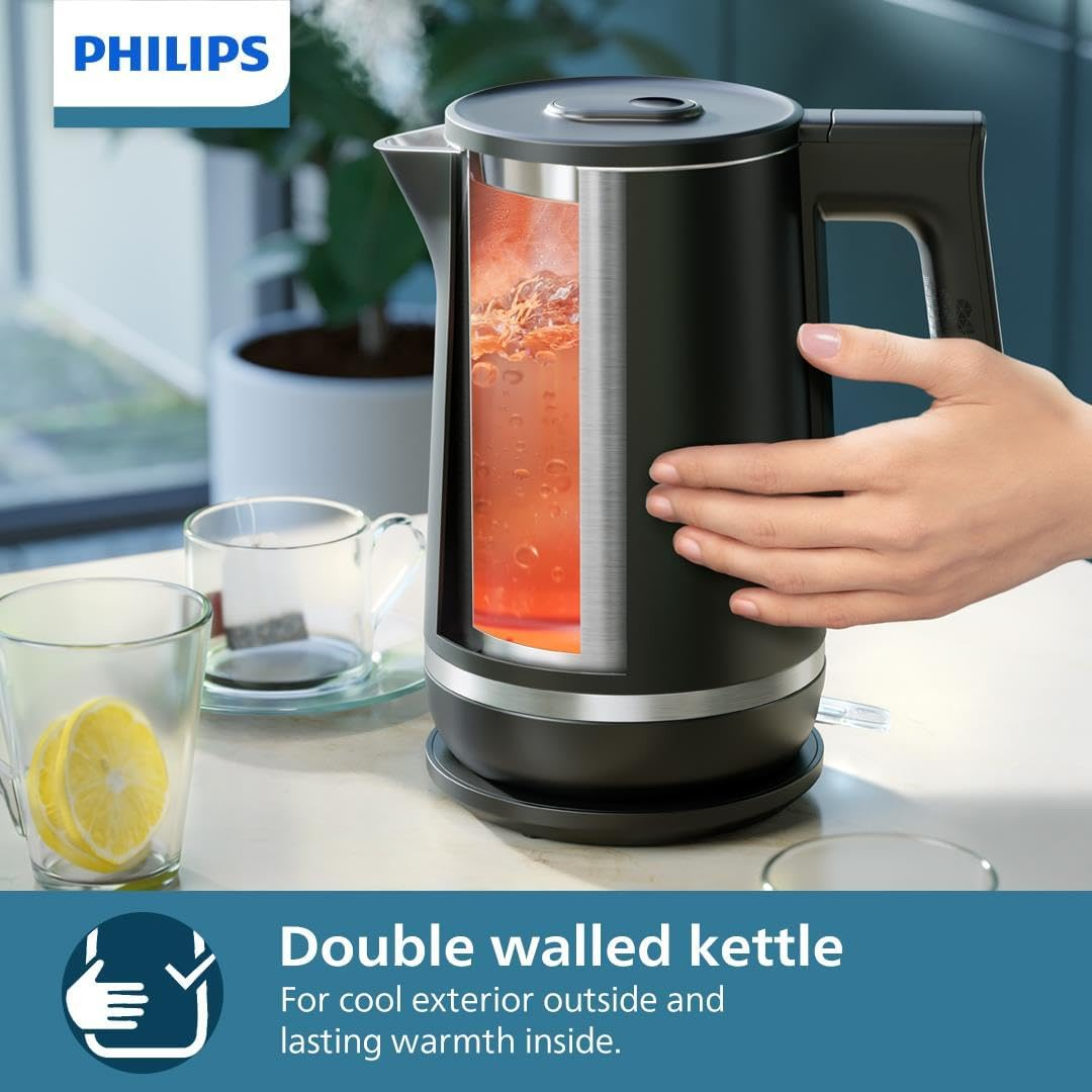 Philips Series 5000 Double Walled Kettle - Family-Sized 1.7L Capacity, Stainless Steel, Boil Dry Protection, Safe-To-Touch Exterior, Black (HD9395/90) image number 3