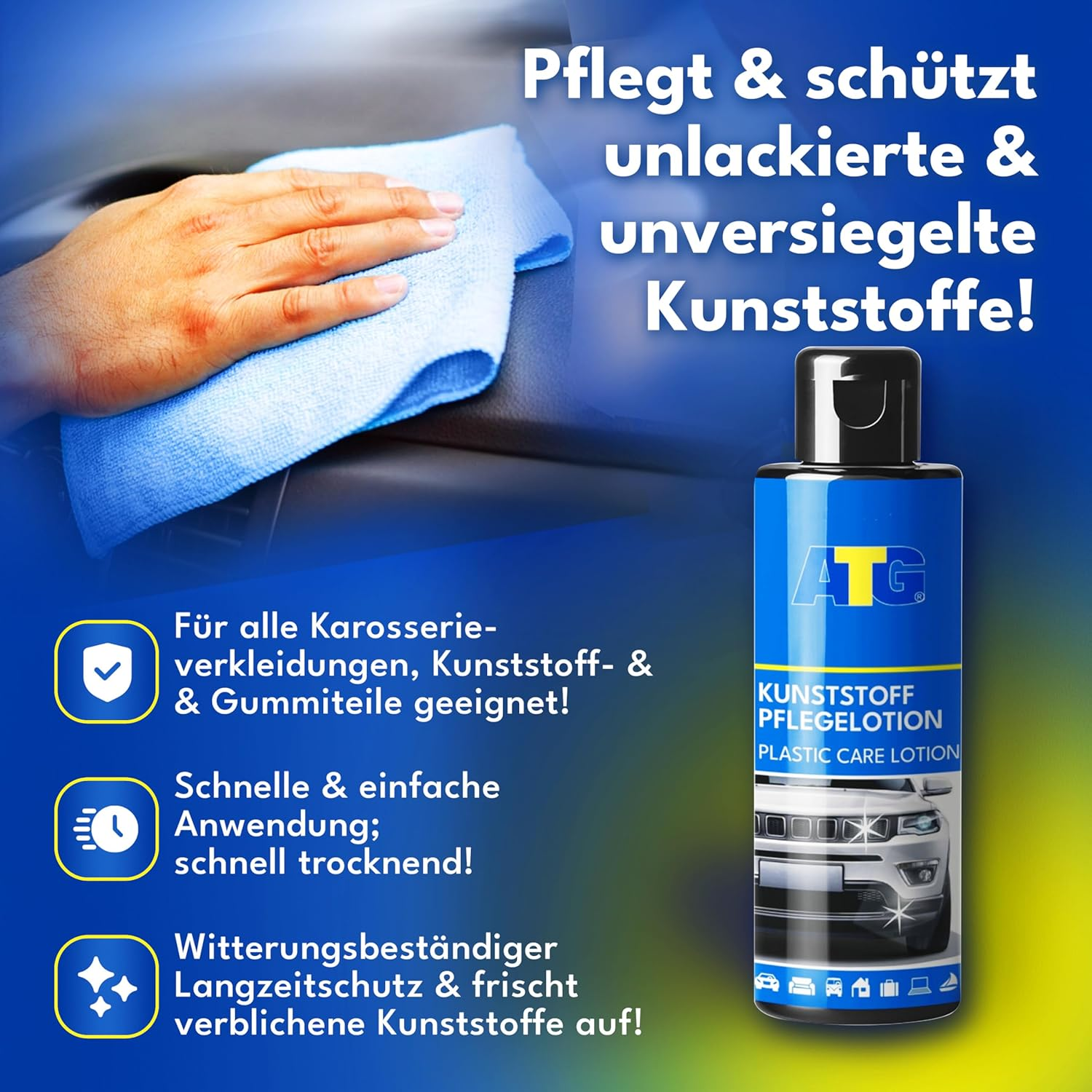 ATG Car Care Interior Set with Leather Care Spray Citrus Fragrance, Plastic Polish, Jelly Cleaning Gel & 2 Microfibre Cloths - Complete Set for Vehicle Care Interior