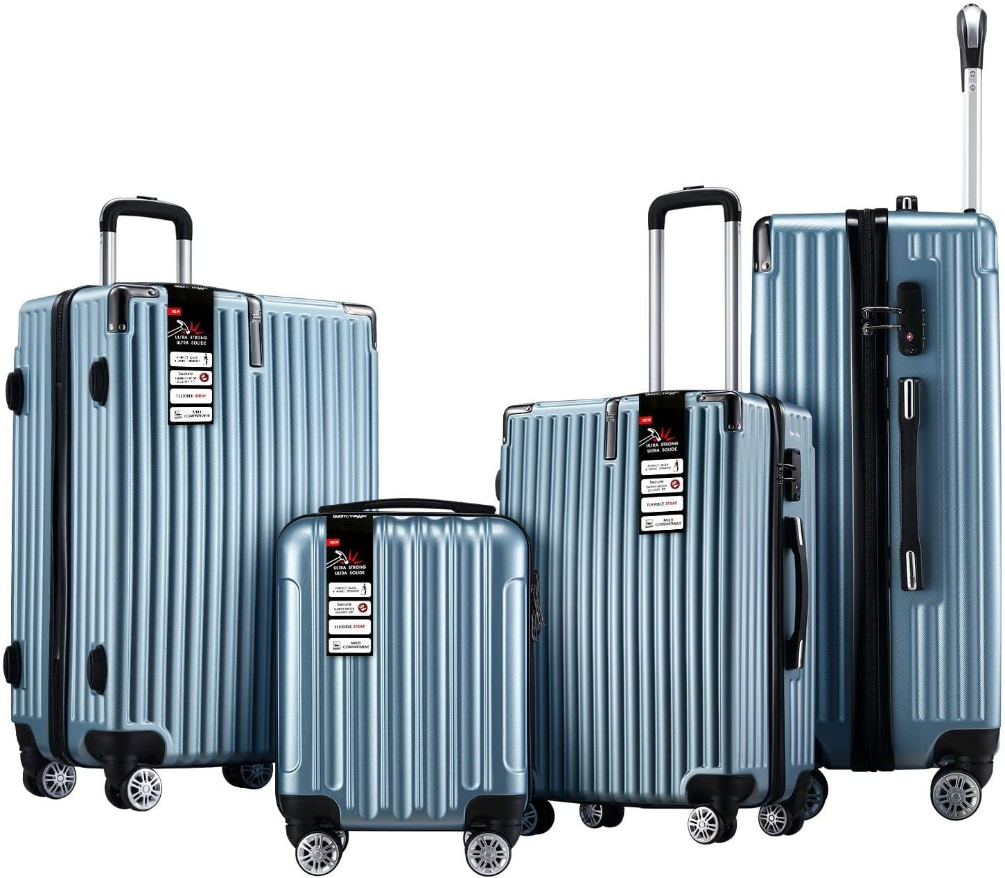 4Pcs Luggage Set Carry on Suitcase Traveller Bag Hard Shell Front Hook Lightweight Ice Blue image number 4