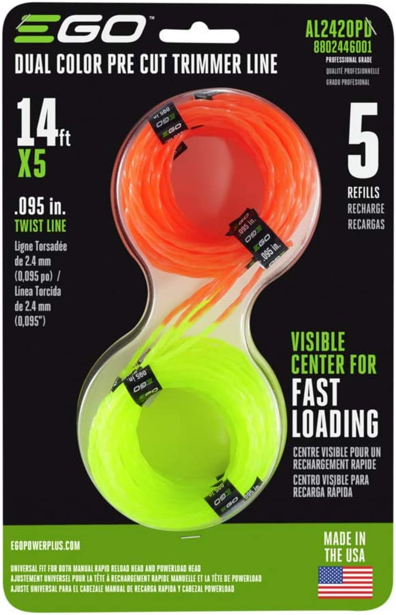 EGO Power+ AL2420PD 095&rdquo; Dual Color Pre-Cut Trimmer Line for All EGO 14-Ft X 5 .095 In, Green and Orange
