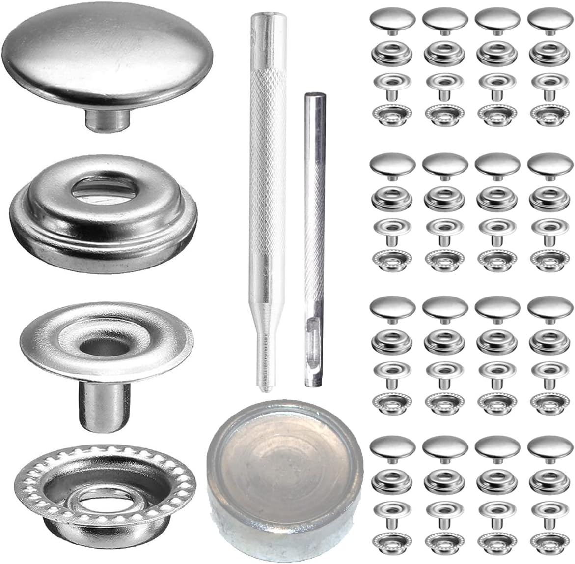 25Sets 12.5Mm Stainless Steel Fastener Snap Press Stud Button with Punching Tools Kits for Coats Bags Leathers Marine Boat Canvas Silver with Tools image number 1