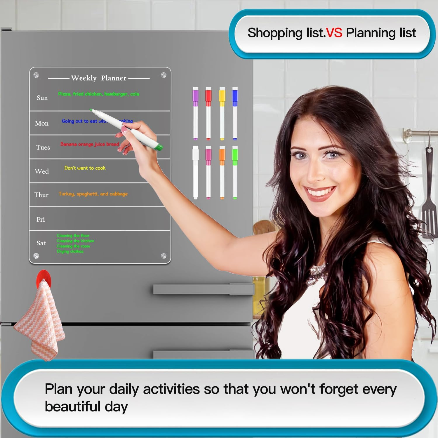 Todkoding 9"X13" Clear Weekly Meal Planner Magnetic Acrylic Board,Acrylic Magnetic Dry Erase Board for Fridge, Magnet Week Calendar for Refrigerator Includes 6 Colors Markers and Pen Container image number 5