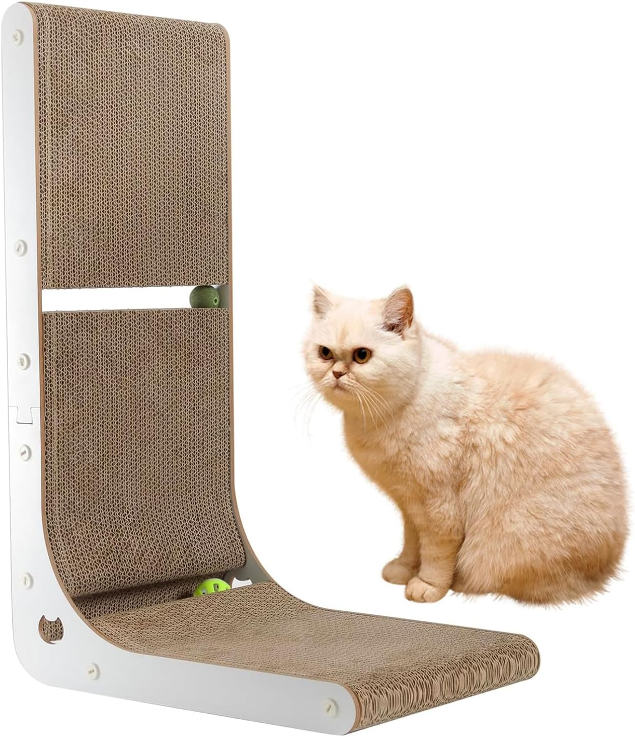 MUSONG Cardboard Cat Scratcher, L-Shape Vertical Cat Scratching Board with Built-In Catnip Toy Balls, Wall-Mounted Scratch Pad for Indoor Large Cats, Durable Cat Scratcher Pad, White image number 1