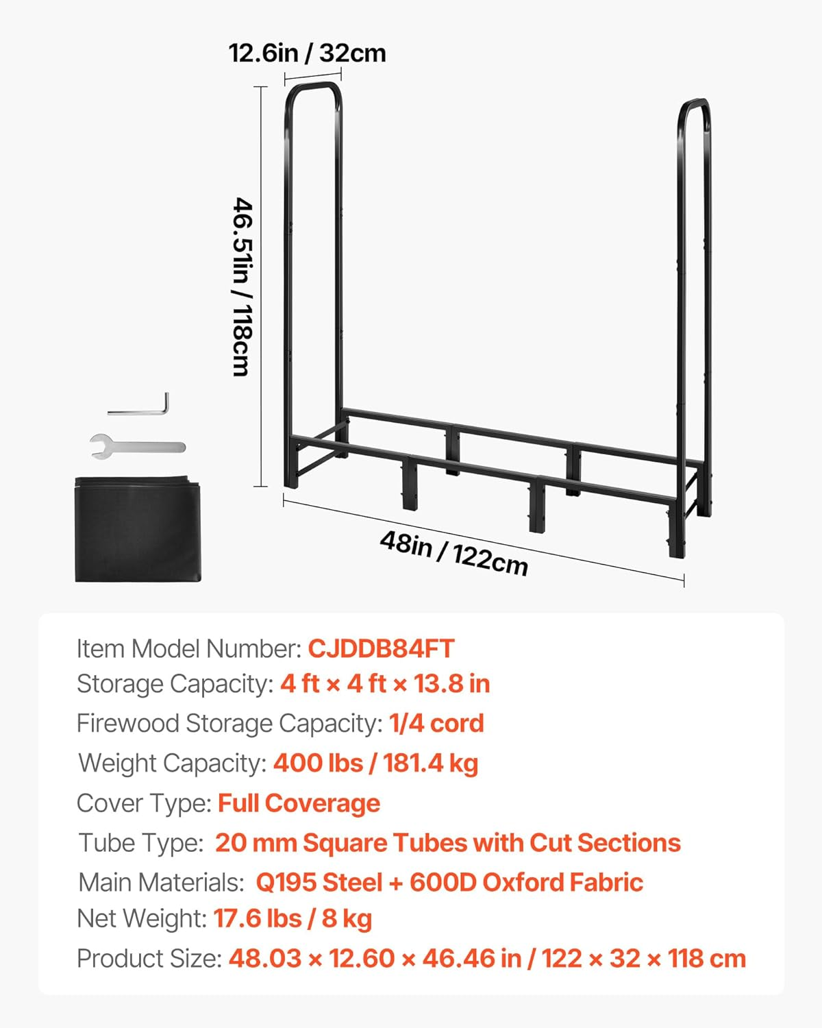 VEVOR Firewood Rack with Waterproof Cover, 1.22M Outdoor Firewood Holder, 1/4 Cord Storage Metal Log Holder, 400Lb Max Weight Capacity, Full Covered, Powder-Coated Wood Storage Rack for Fireplace Deck image number 4