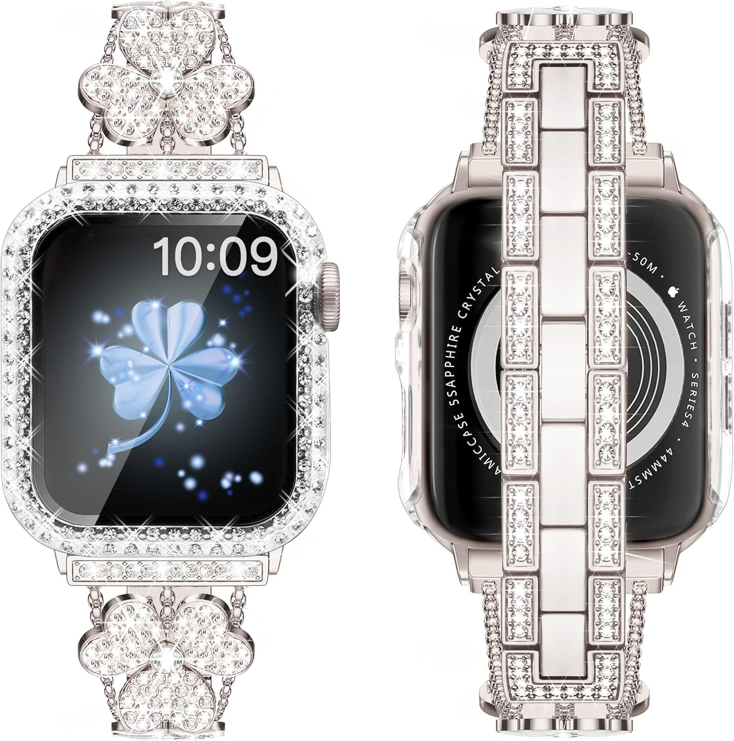 Vamyzji Compatible Apple Watch Band + 45Mm Bling Diamond Protective Case with Screen Protector, Easy Adjustable Jewelry Metal Band Bracelet for Apple Watch Series 9, 8, 7 (Starlight)