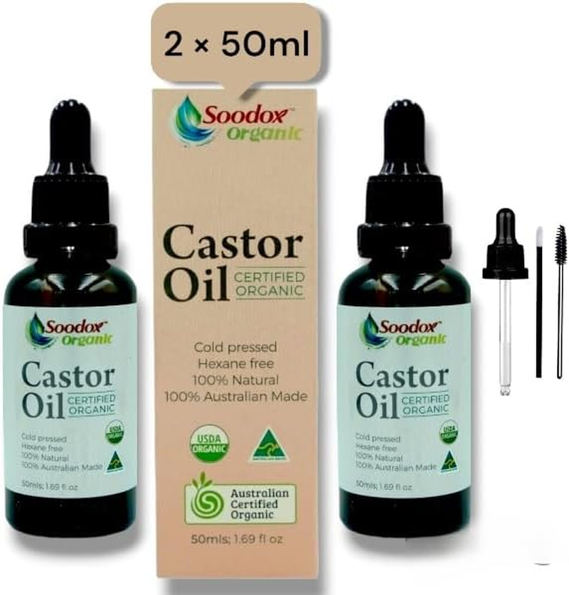 Soodox Organic | 100% Certified Organic Castor Oil | 2 X 50Ml Pack Glass Bottle - Pure Cold Pressed/Hexane Free/Bonus Brushes Included/Australian Made image number 3