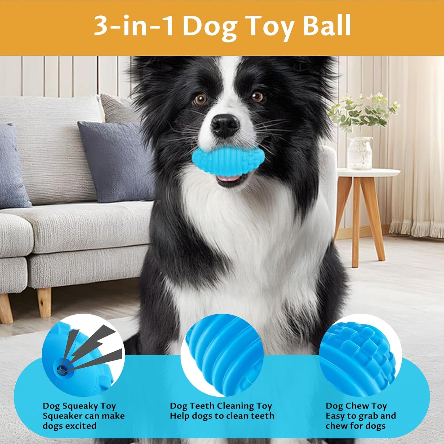 Velmoriah Dog Squeaky Toy Ball, Indestructible Rubber Dog Balls for Aggressive Chewers, Interactive Dog Toys for Small, Medium & Large Dogs image number 3