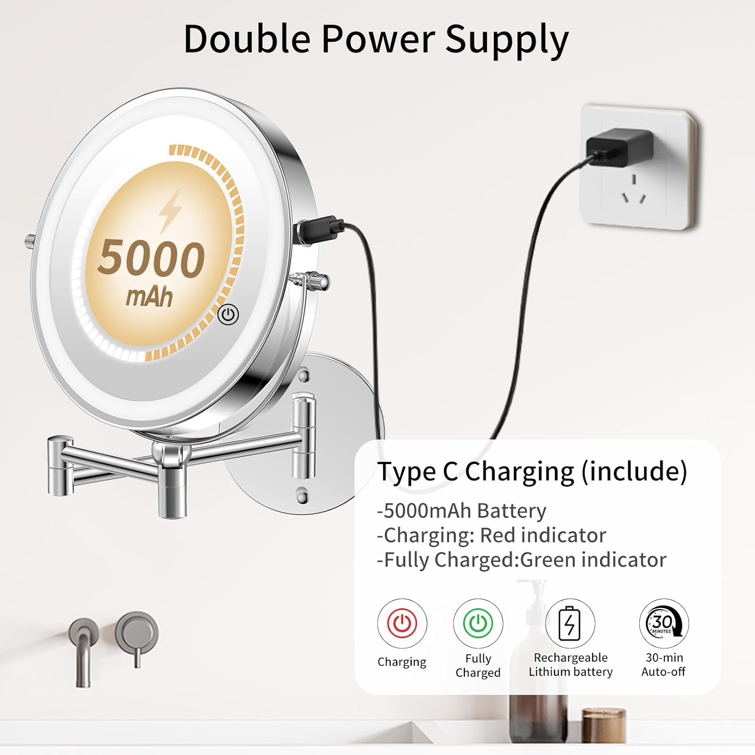 FUNTOUCH 4000 Mah Rechargeable Cosmetic Mirror with 1X/20X Magnification, Dimmable Shaving Mirror 3 Colours, Touchscreen LED Make-Up Mirror, 360&deg; Rotatable, Wall Mirror for Bathroom and Hotel image number 4