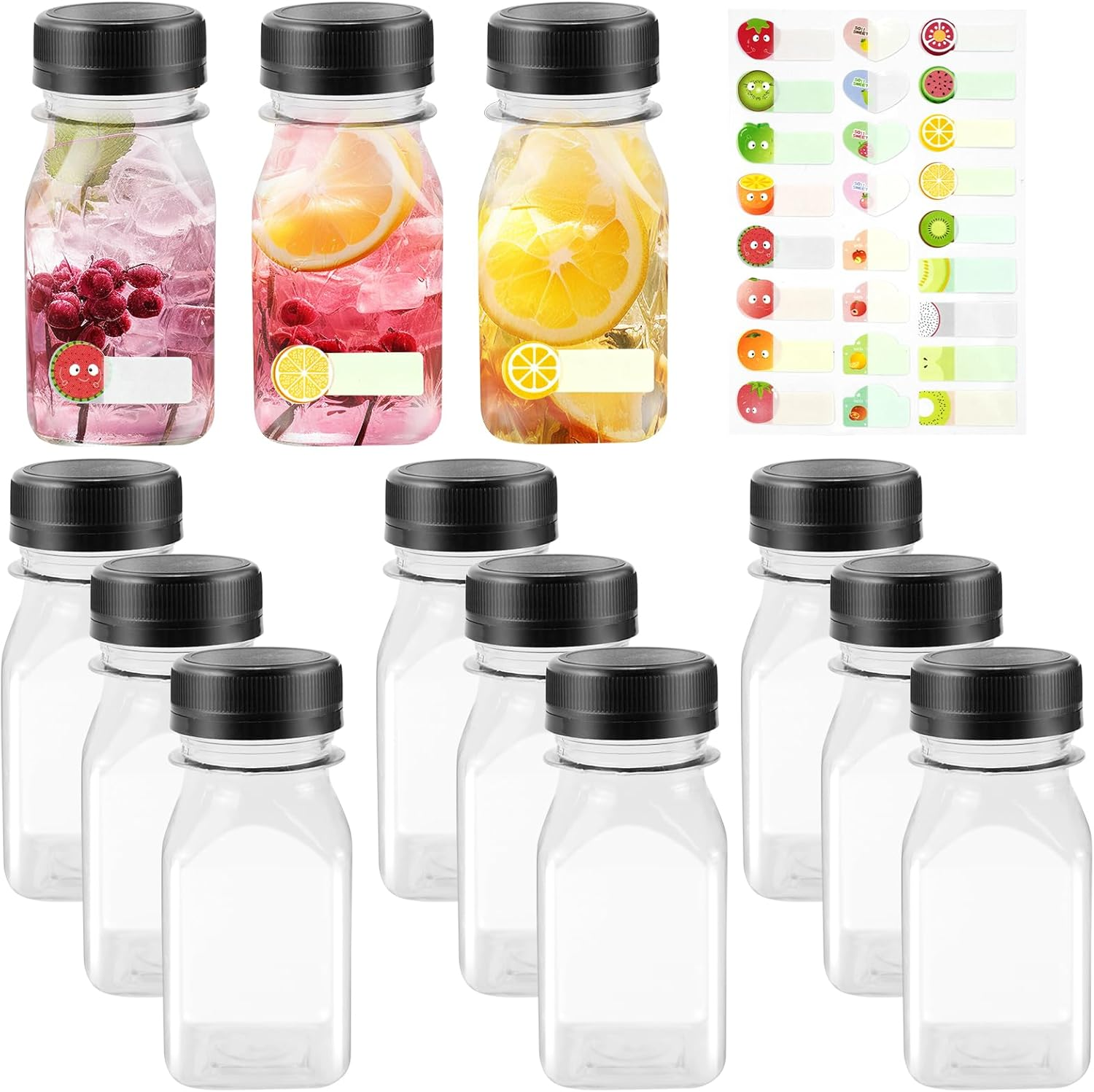 HXC Juice Bottles - 12 Pack 4Oz/120Ml Reusable Plastic Shot Bottles with Lids for Smoothie, Milk, or Juice Drinks - Includes Fruit Stickers