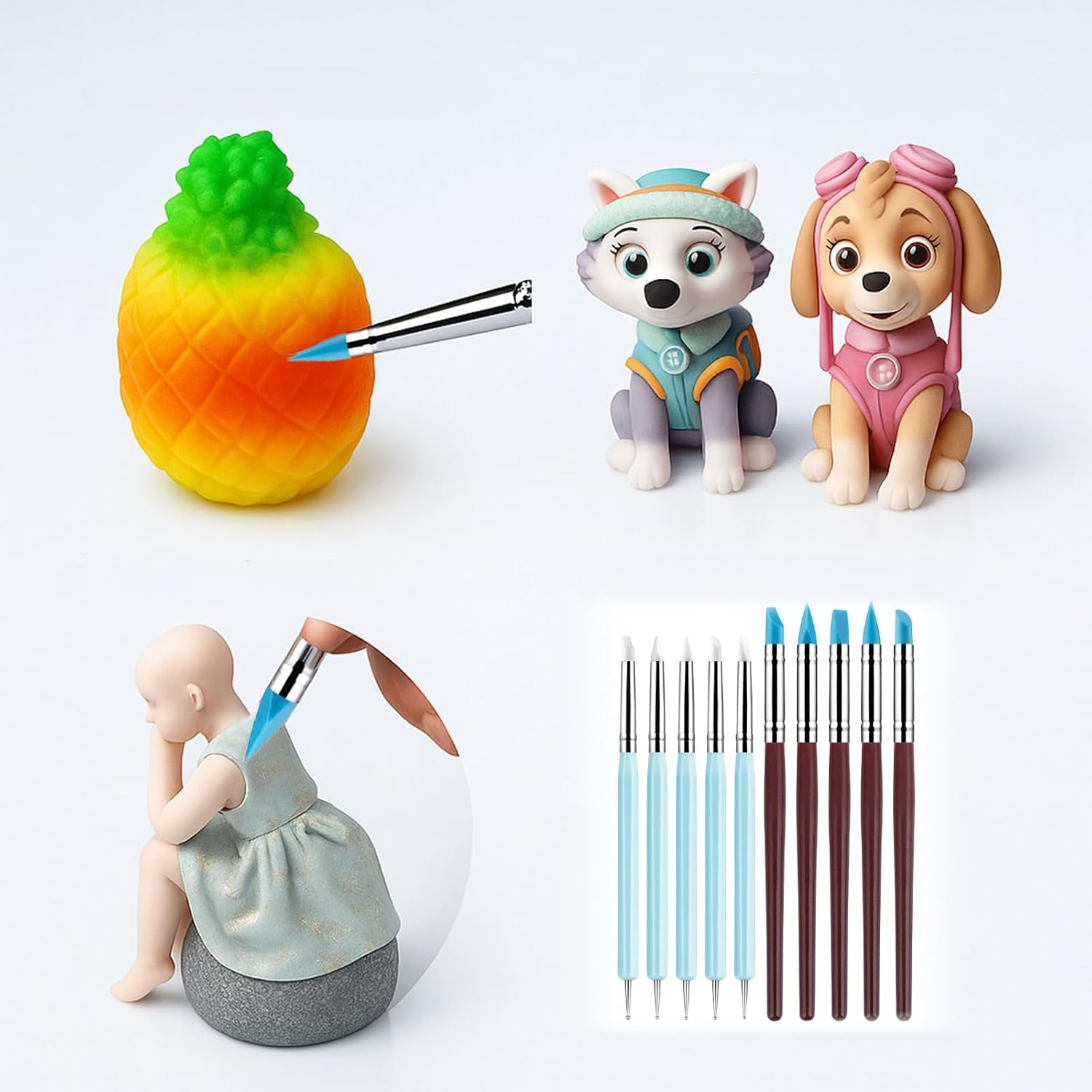 Clay Tools Set - 10-Piece Polymer Clay Tools for Sculpting with Silicone Tips, Wood Handles, Metal Ferrules, Stainless Steel Balls, Ideal for Detailed Craft Work - Ermaoo image number 1