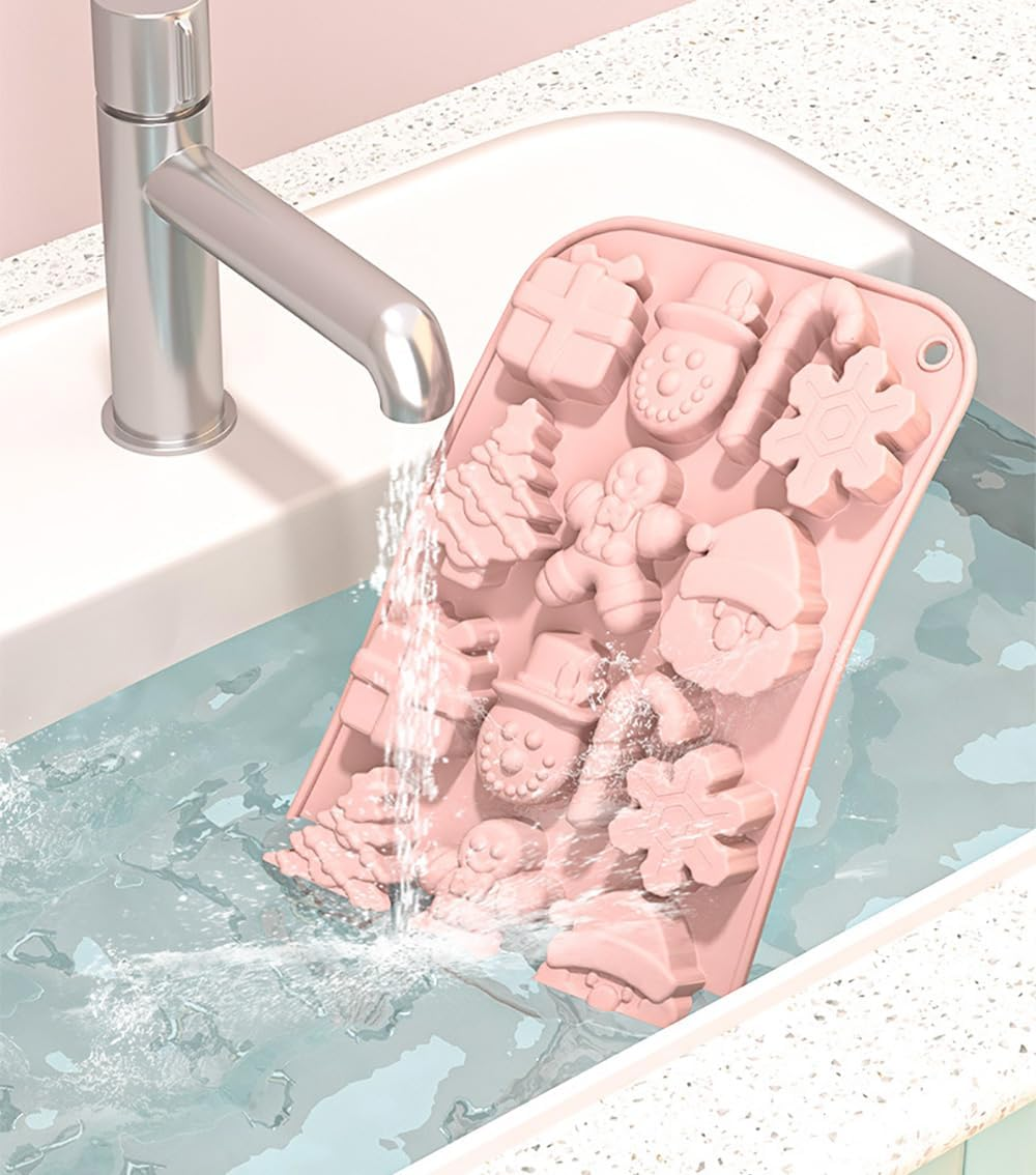 Christmas Silicone Molds,2 PCS 14 Cavities Candy Baking Molds,For Mini Cakes, Handmade Soap, Chocolate, Jello, Candy and Candles,With Snowflake Gingerbread Santa Snowman Molds image number 2