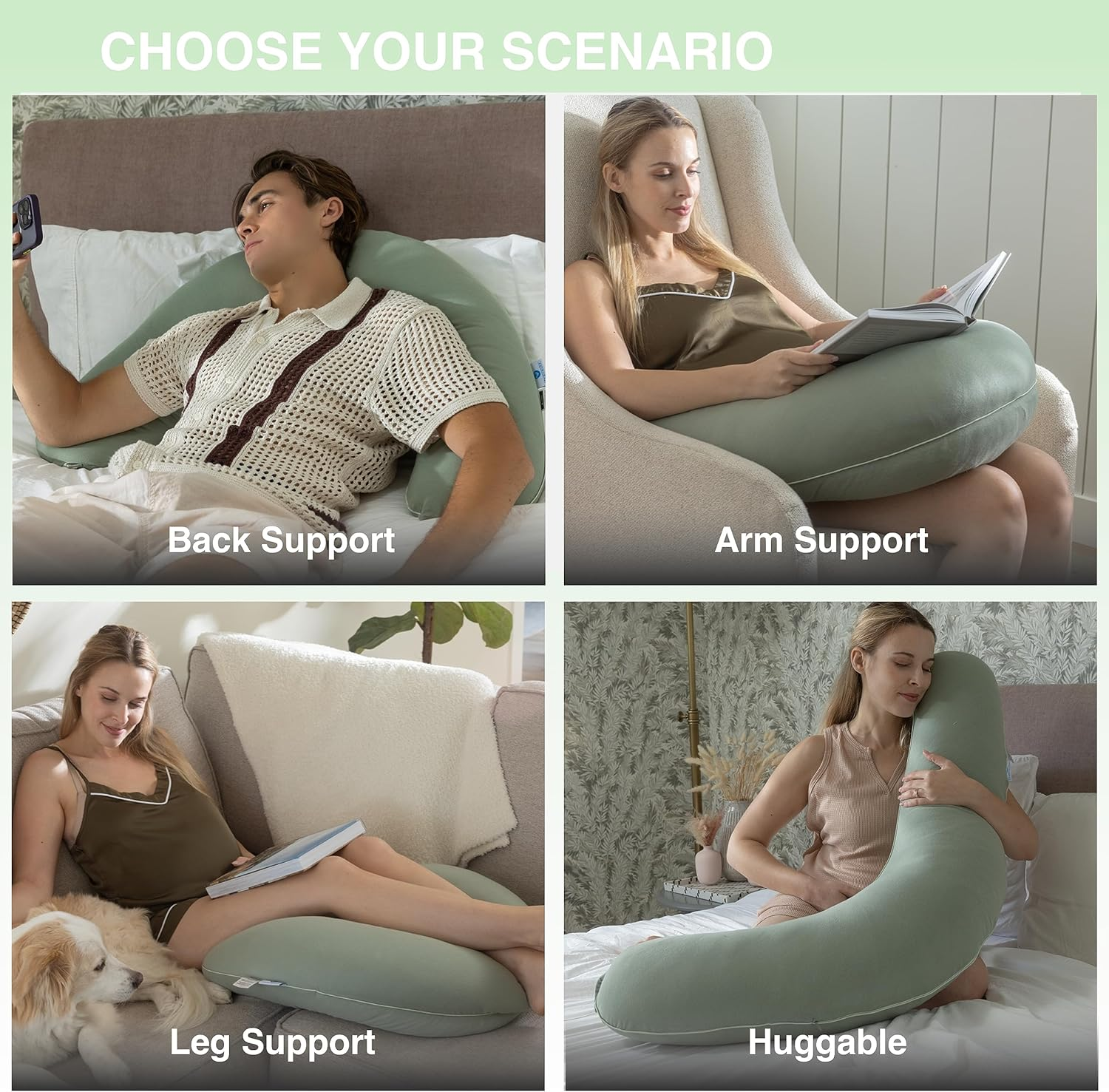 Pharmedoc Crescent Pregnancy Pillows - Body Pillow for Adults - Side Sleeper &ndash; Maternity and Nursing Pillow Breast Feeding - Pregnancy Must Haves - Sage with Piping image number 6