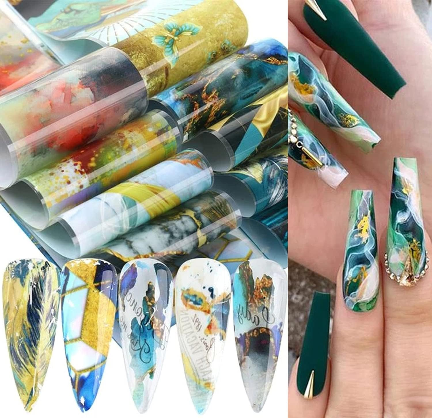14 Sheets Gold Nail Foils Transfer Stickers - Holographic Effect Metallic Nail Art Foil Stickers in Color Gold and Silver
