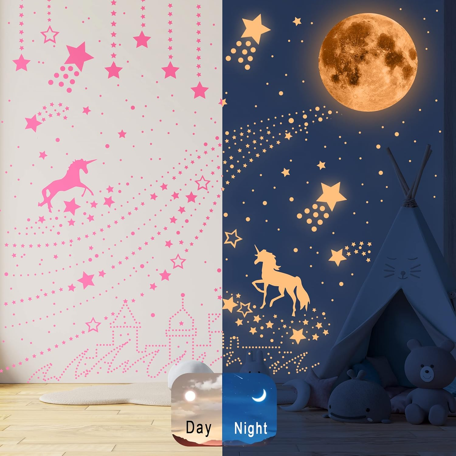 Glow in the Dark Unicorn Wall Decals for Girls Room, Luminous Moon and Stars for Ceiling, Fairy Stickers Wall Decor for Kids Bedroom Birthday Party(Pink) image number 4
