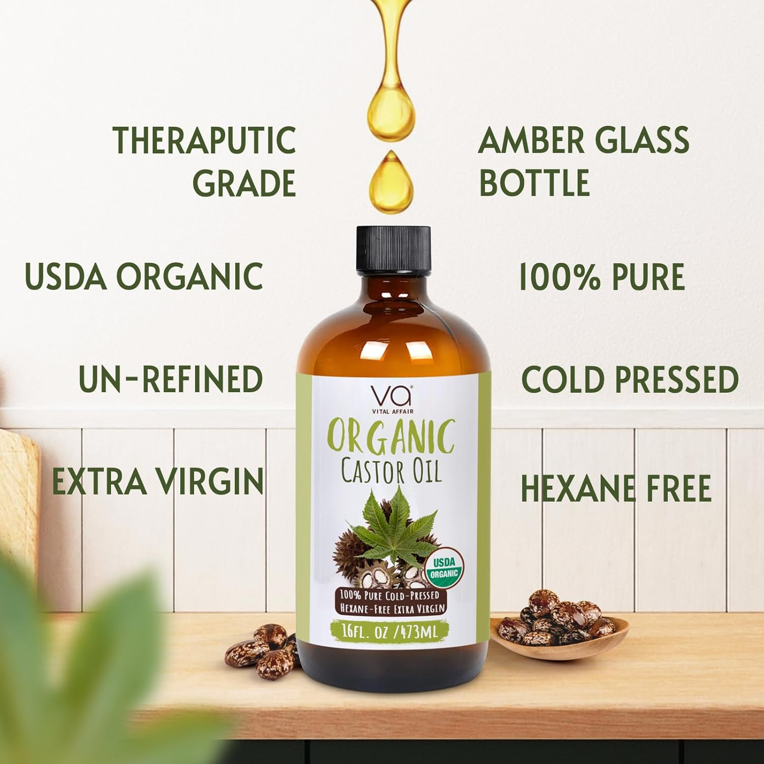 VITAL AFFAIR Pure Castor Oil Organic Cold Pressed Unrefined Glass Bottle-Usda Certified for Castor Oil Pack Wrap for Face,Hair Growth,Eyelashes,Eyebrows-16Oz image number 6