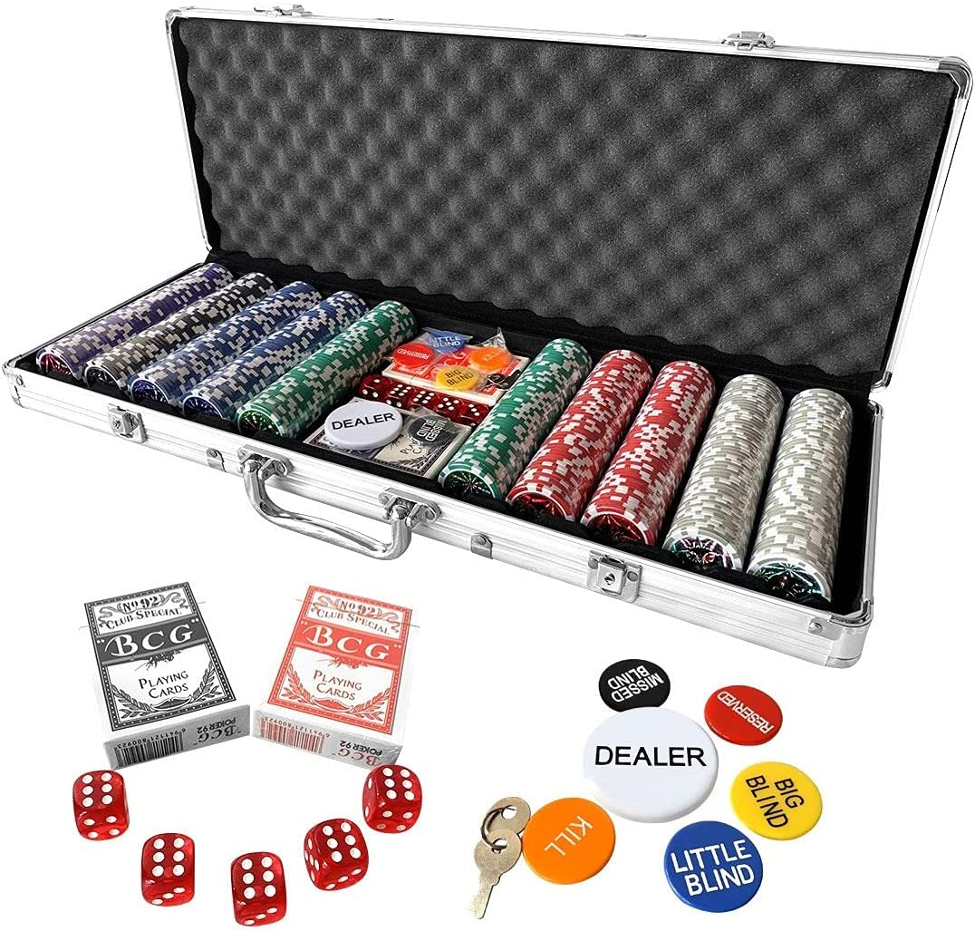 Casino Poker Chips Set, 500PCS 11.5 Gram 6 Colors Casino Chips Poker Set with Aluminum Travel Case,6 Buttons，2 Decks of Cards, 5 Dice, for Texas Holdem Blackjack Gambling
