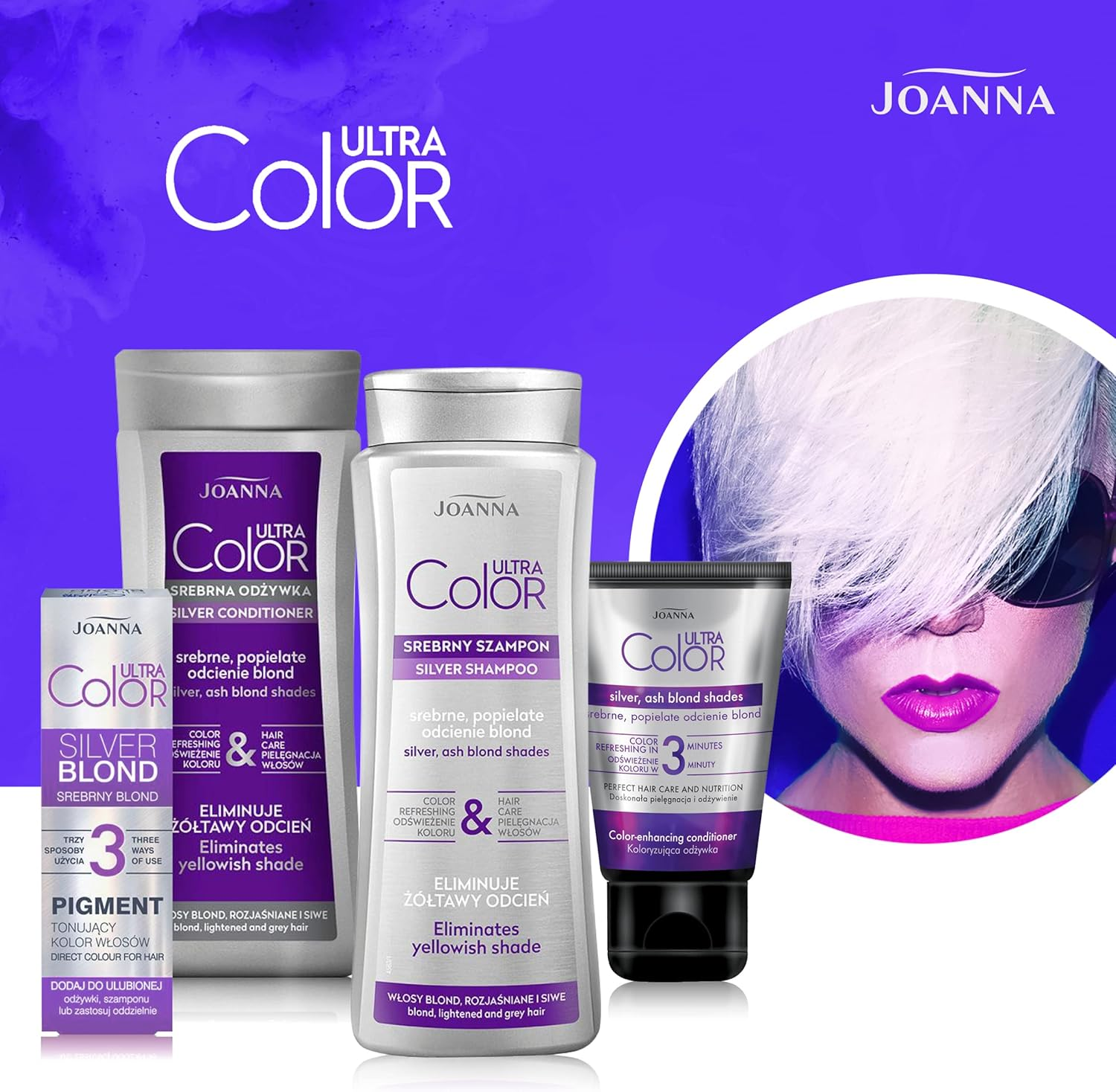 JOANNA Ultra Colour Silver Shampoo - Shampoo for Women - Colour Enhancing Shampoo - Neutralising Unwanted Yellow Tones - Makes Combing Hair - Silver Blonde Tones 400 Ml image number 1