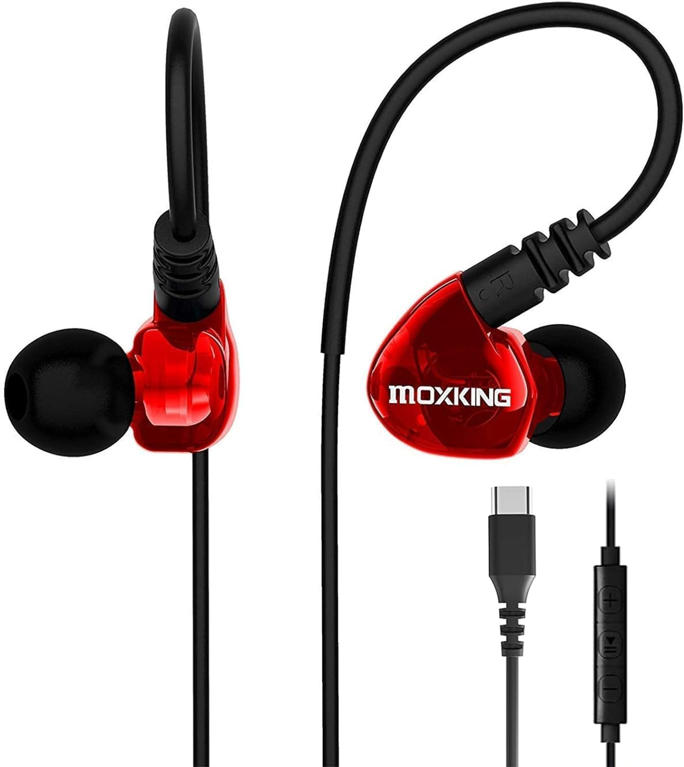 MOXKING USB C Running Sports Earbud, Type C Headphones Wired over Ear in Ear Headsets Enhanced Bass Stereo Earphones with Microphone and Remote Control for Running Jogging Gym (Red) image number 3