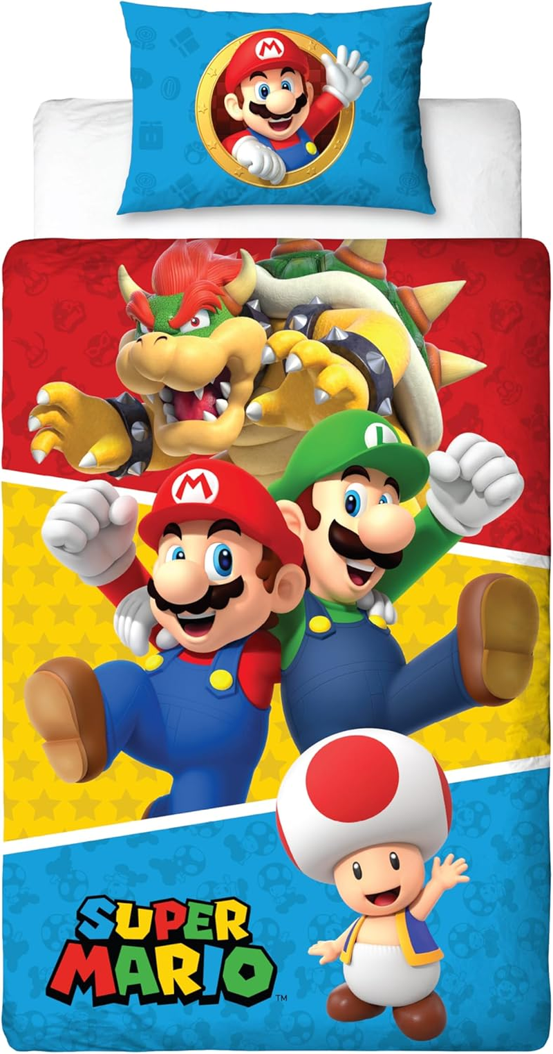 Nintendo Super Mario Official Single Duvet Cover Set, Splitter Design | Reversible 2 Sided Bedding Cover Official Merchandise Including Matching Pillow Case | Single Bed Set | Polycotton image number 2