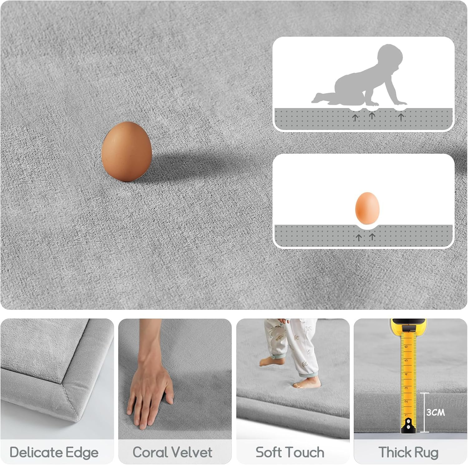 Large Baby Play Mat, Coral Velvet Rug Foam Soft Crawling Mats, 3Cm Thick Playmat for Babies, Toddlers, Infants, Kids Crawling Mat Rugs for Tummy Time Living Room, Bedroom image number 5