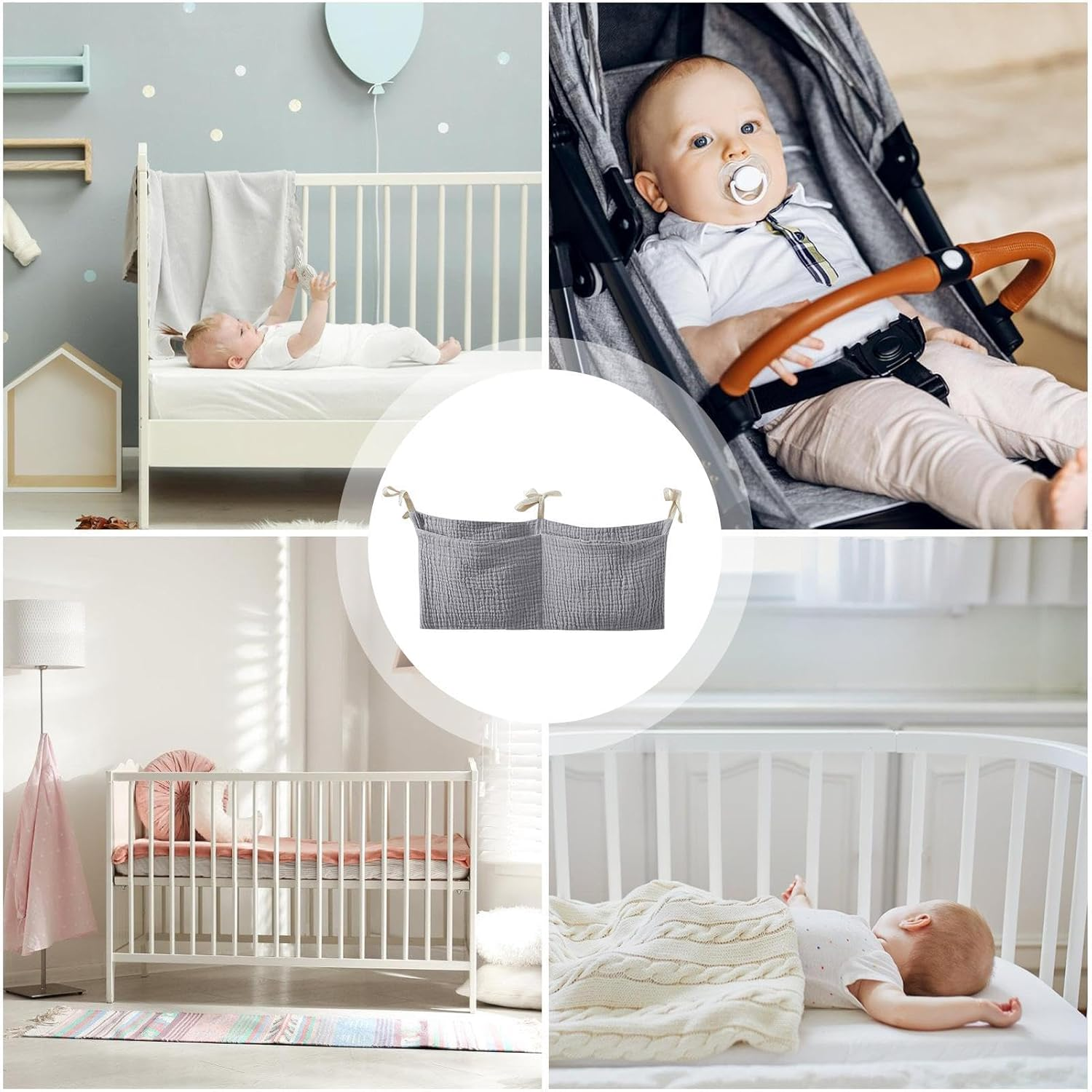 Crib Organizer for Crib | Portable Bedside Bag Diaper Nursery Organizer,Cotton Organizing Bag with 2 Pockets Multiple-Use Baby Bedding for Feeding Bottle image number 2