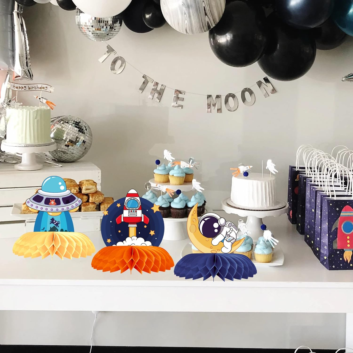 Outer Space Themed Honeycomb Centerpiece 9 PCS Outer Space Party Decorations Birthday Party Table Toppers Double Sided Table Decorations Planet Rocket Astronaut Solar System Party Supplies image number 3
