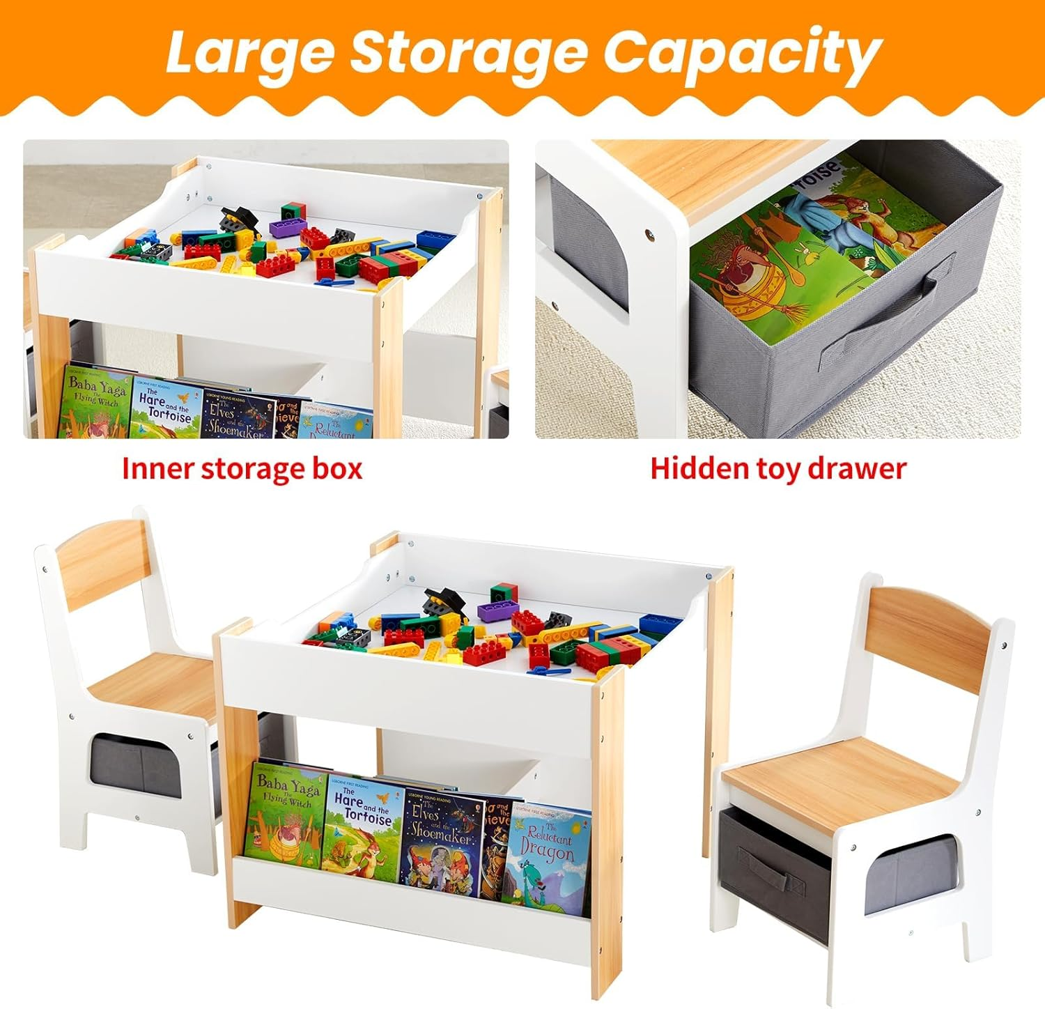 Kids Table and Chairs, 3 in 1 Wooden Activity Table with Storage, Reversible Tabletop, Chalkboard for Crafts, Drawing, Reading, Toddler Table and Chair Set for Playroom, Easy to Clean image number 1