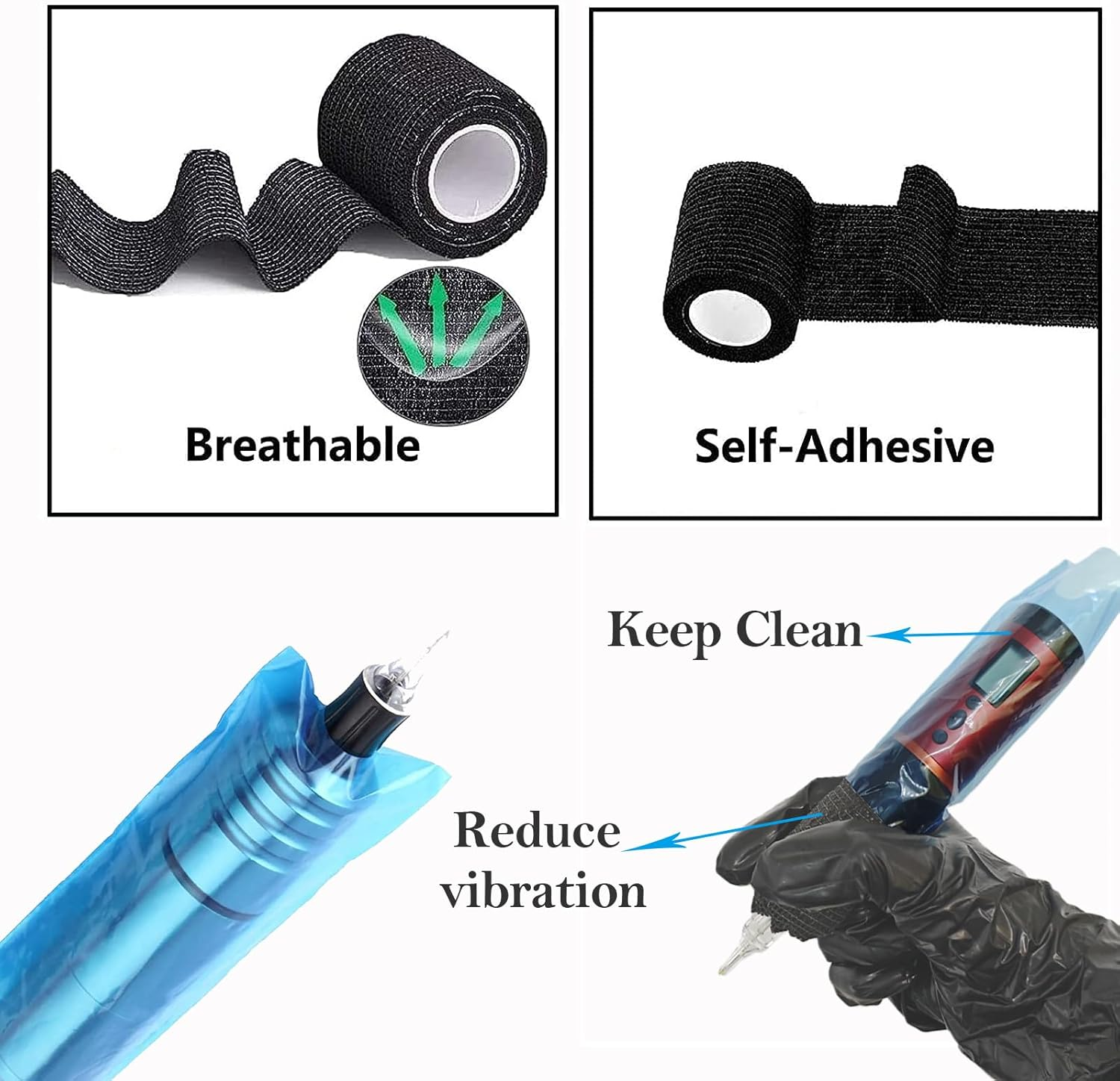 Urknall Pen Machine Covers with Grip Tapes, 200Pcs Tattoo Pen Covers and 4Pcs Tattoo Grip Wrap Tattoo Machine Bags Tattoo Grip Covers Tattoo Pen Sleeves Combination Tattoo Supplies image number 3