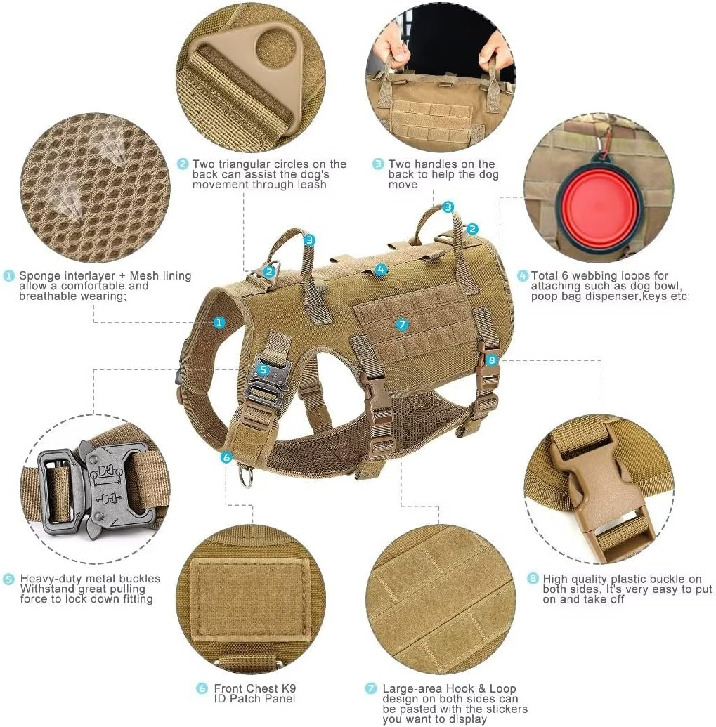 Beirui Robust Tactical Dog Harness Lead Backpacks Set with 2 Patches for Medium Large Dogs, No Pull Safety Harness, Dog Tactical Vest with 2 Metal Buckles & Handles, Brown, M image number 4