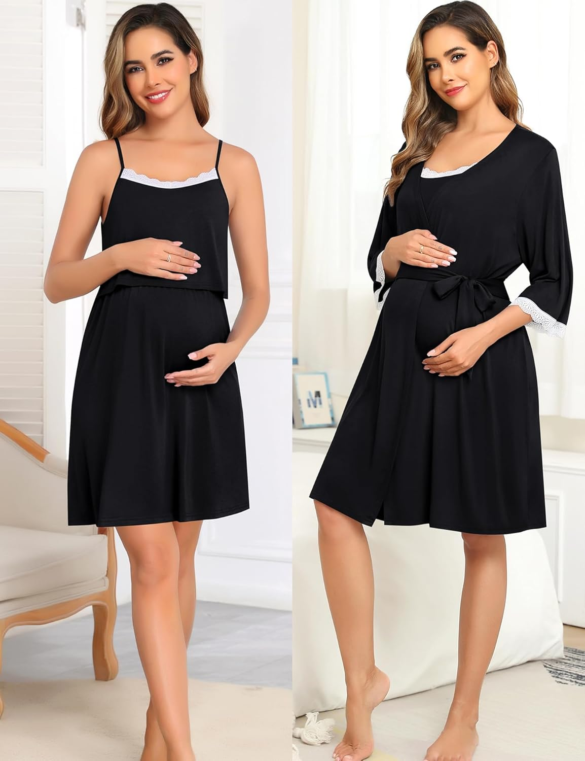 SWOMOG Lace Maternity Nursing Gown and Robe Set Double Layer Labor Delivery Nursing Hospital Nightgowns for Breastfeeding image number 5