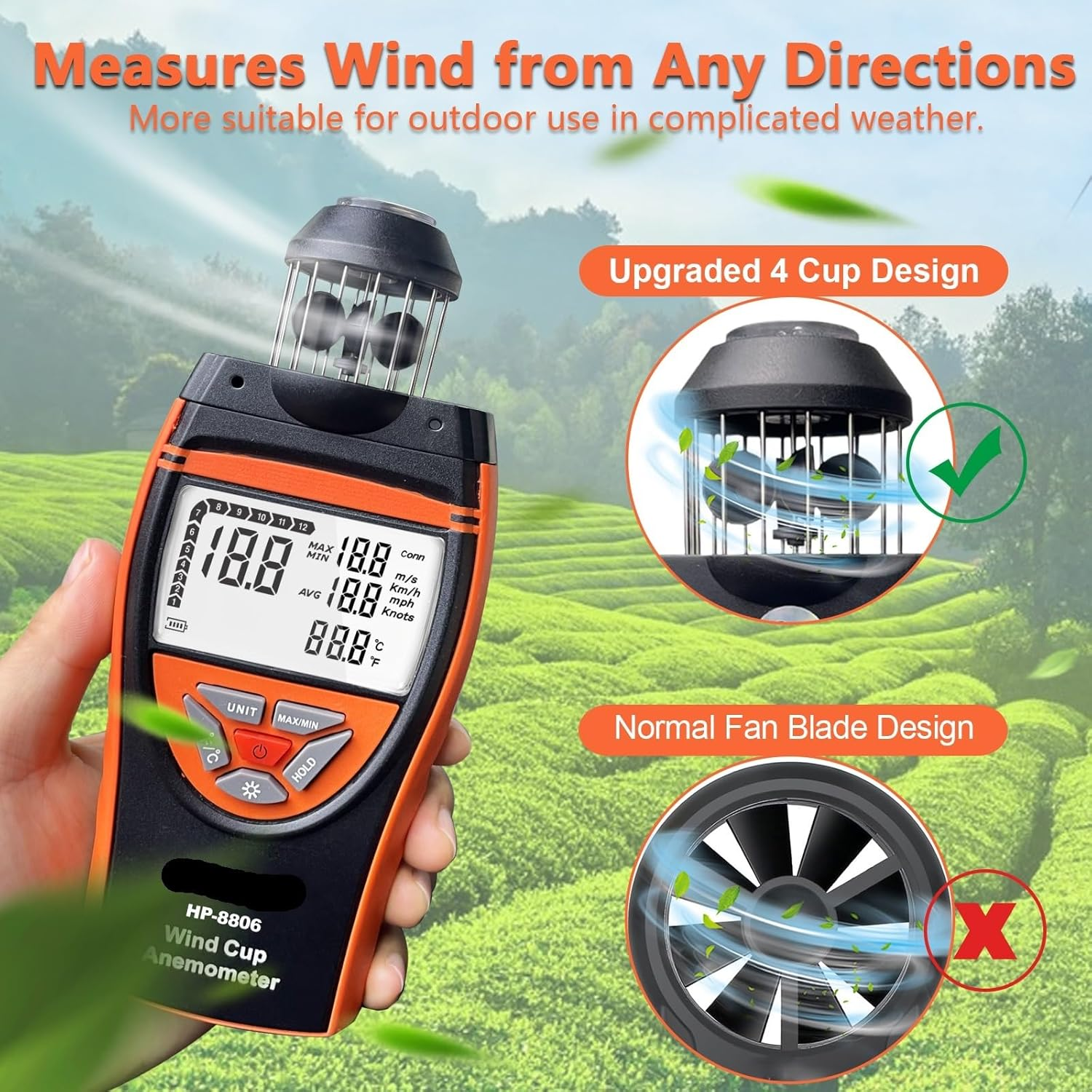 Anemometer with Temperature Measurement, Wind Speed Meter, Outdoor Wind Gauge, for Mountaineering & Sailing image number 2