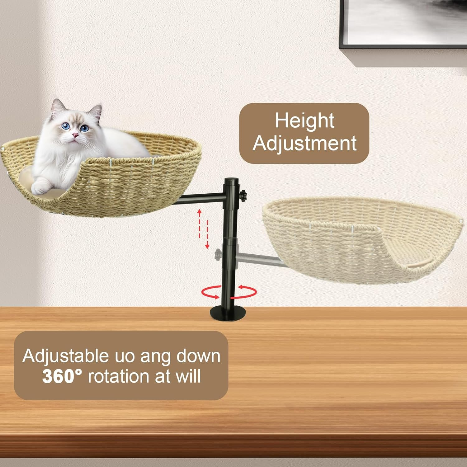 PTEROMYS Cat Desk Bed, Cat Bed for Desk Perch with Paper Rope Material, Steel Frame, Adjustable Height, 360 Rotating Cat Desk Bed, Suitable for Cats 22 Pounds (Beige) image number 5