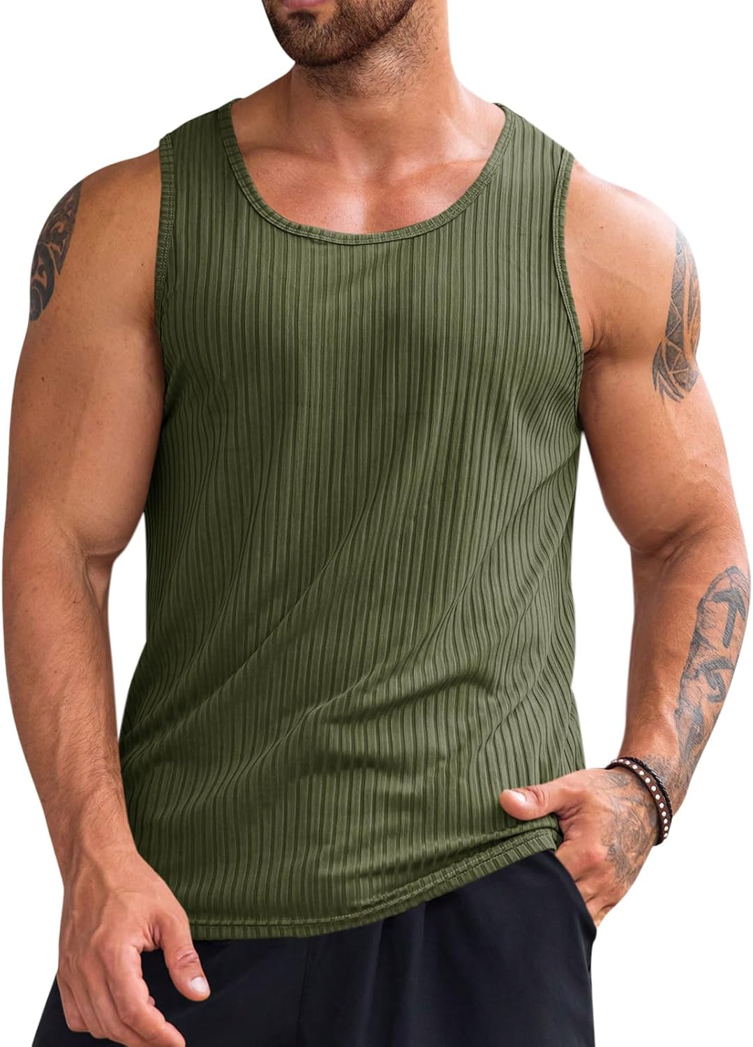 Runcati Men'S Ribbed Tank Tops Knit Sleeveless Workout T Shirt Muscle Gym Fitness Tee