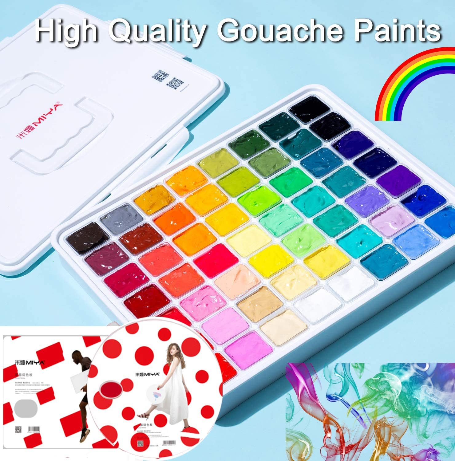 AOOK Gouache Paint Set, 56 Colors X 30Ml Unique Cup Design in a Carrying，Comes with a Colorful round and Rectangle Tray Paint Palette (56 Colors+2) image number 2