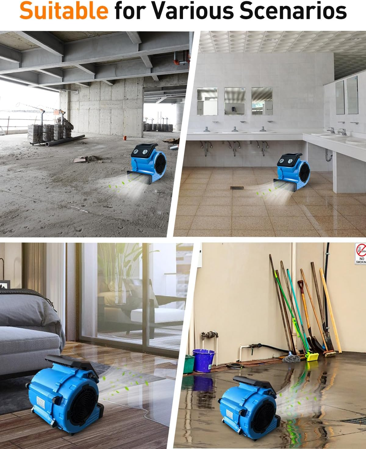 Centrifugal Air Mover, 3-Speed Carpet Dryer 300W Air Mover Blower Fan, Portable Floor Dryer for Home Ventilation, Drying Walls, Carpets and Floors, Blue image number 5