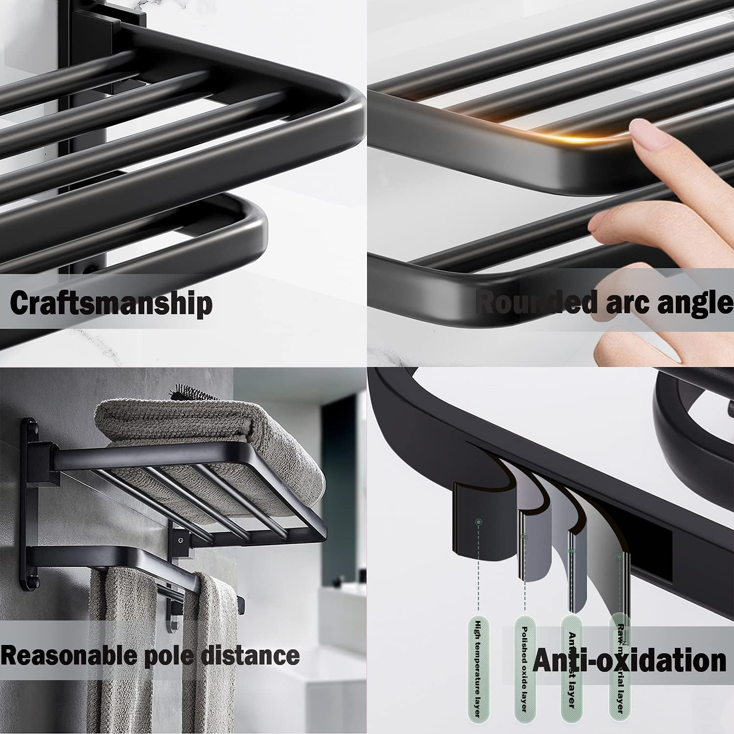 BOZWELL Bathroom Lavatory Towel Rack with Two Towel Bars,24-Inch Towel Holder with Shelf BZ205-A (Matte Black) image number 3