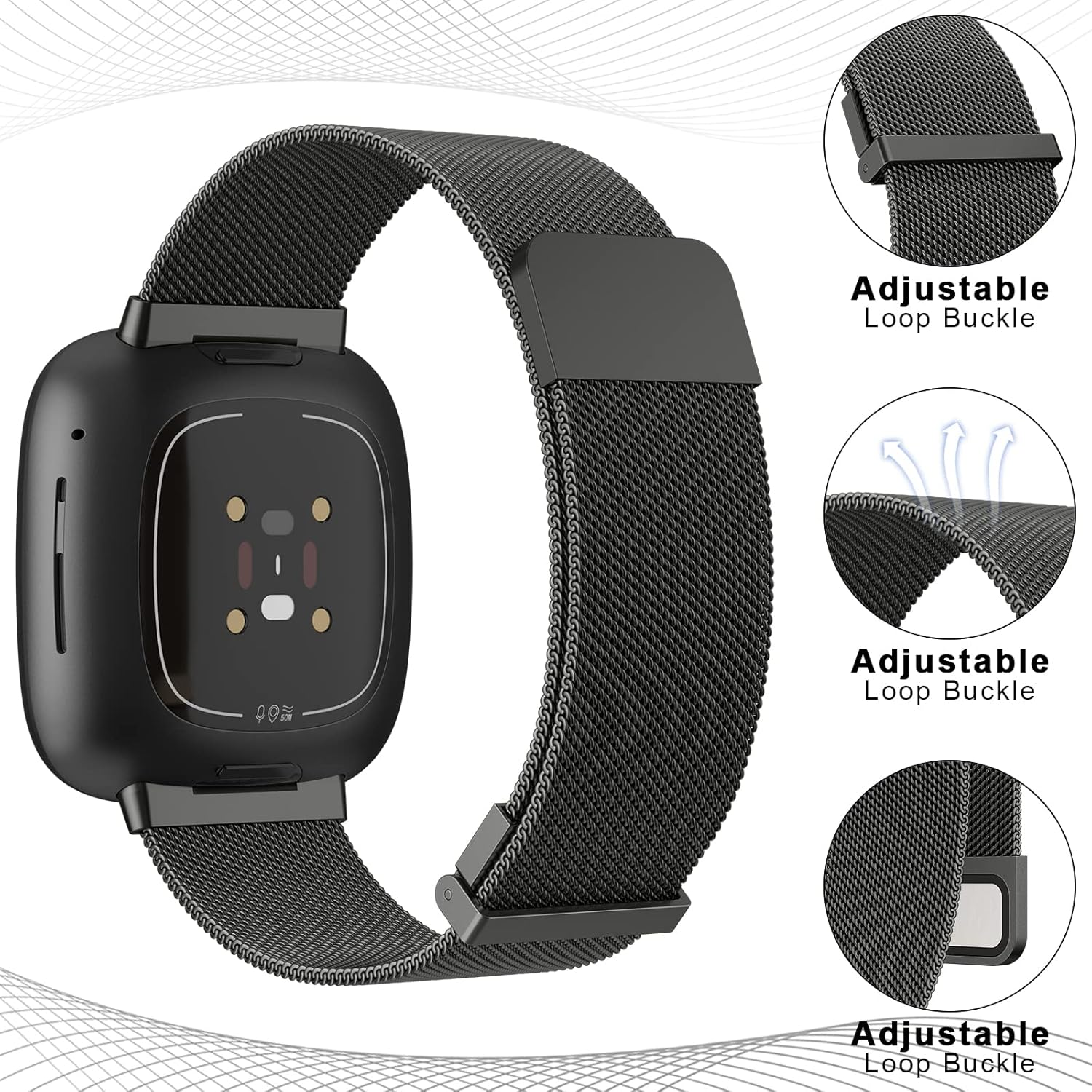Leonids Metal Band for Fitbit Versa 4 Bands, Fitbit Sense 2 Bands Women Men, Stainless Steel Mesh Loop Adjustable Strong Magnetic Replacement Straps for Fitbit Versa 4/Fitbit Sense 2 Smartwatch image number 3