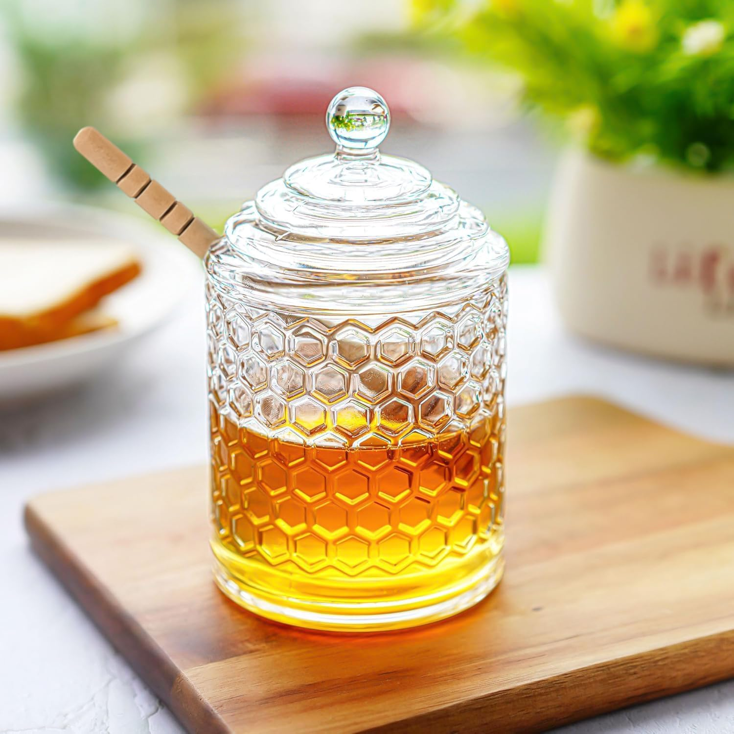 Kanpura Clear Crystal Honey Pot with Dipper and Lid Glass Honey Jar with Dispenser Honey Holder and Syrup Container for Home Kitchen,9 Oz image number 3