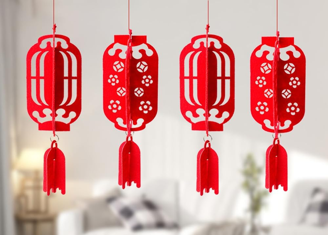 4PCS 17Inch Chinese Lanterns Chinese New Year Decorations for Party Palace Lantern Wedding Supplies Spring Festival Mid-Autumn Festival Party Room Ornaments Hollow Inlaid Red Lanterns