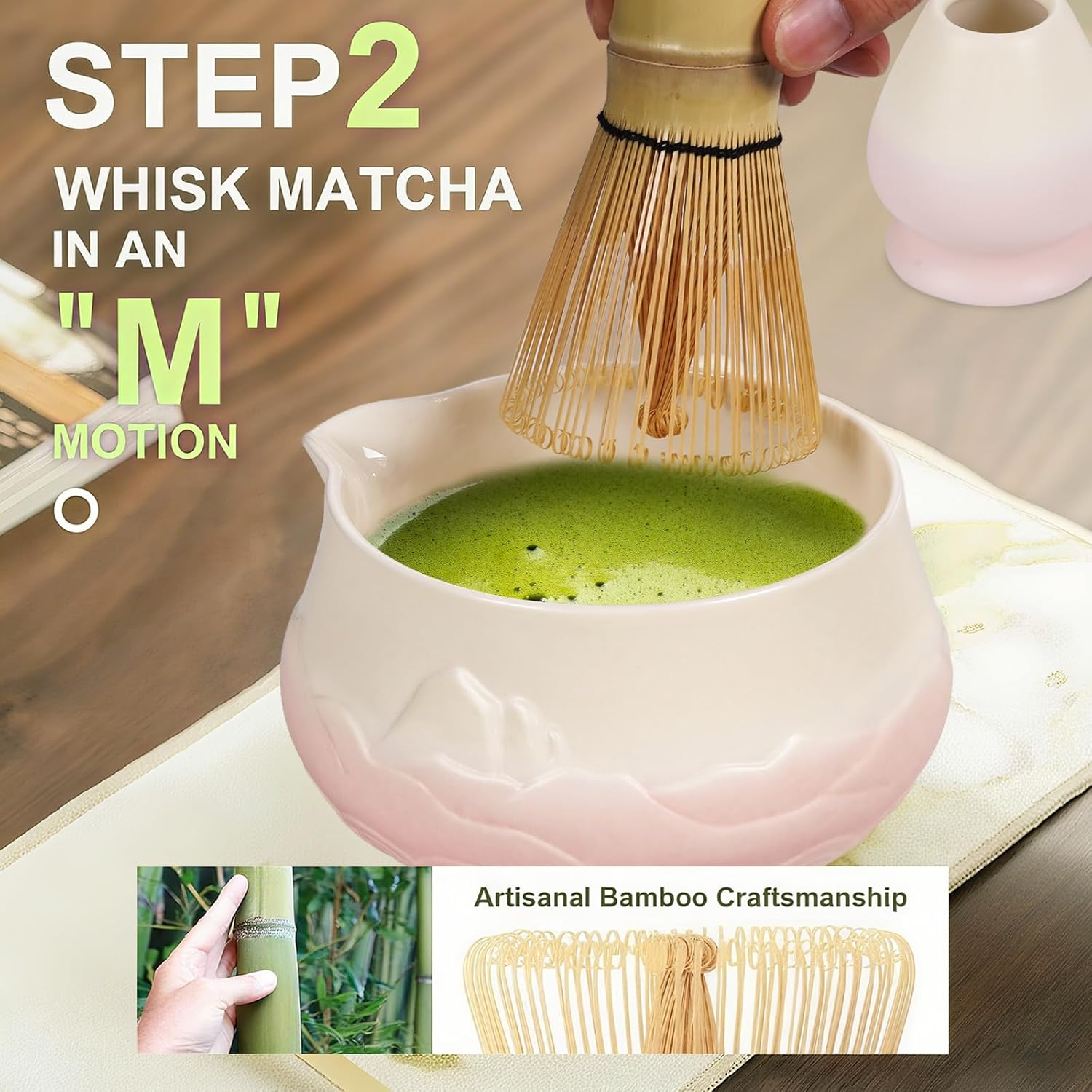5 Pcs Matcha Whisk Set, Japanese Matcha Set, Ceramic Matcha Bowl with Spout, Matcha Whisk Holder, Bamboo Matcha Whisk, Stainless Sifter, and Scoop for Matcha Tea Ceremony