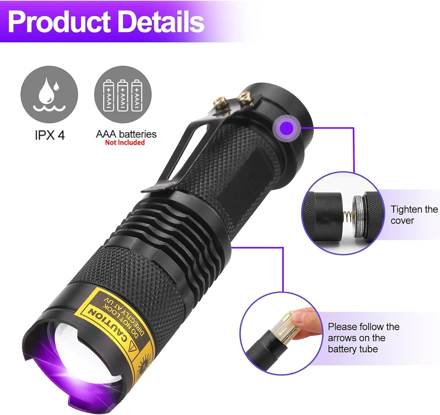 UV Torch LED Flashlight, 395Nm Ultraviolet Blacklight Portable Mini Flashlights Black Light Detector Zoomable with Clip, AA Batteries Not Included image number 2