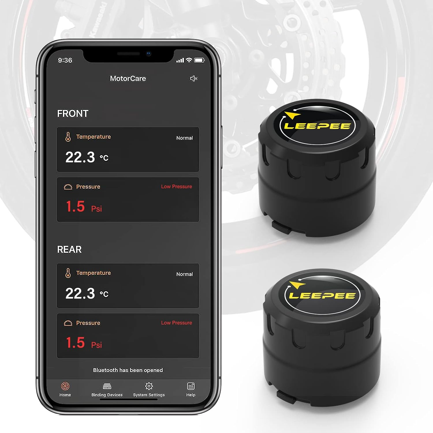Leepee Motorcycle Tire Pressure Monitoring System, Tire Pressure and Temperature Alarm, Wireless Motorcycle TPMS with 2 External Sensors, Support Ios and Android image number 2