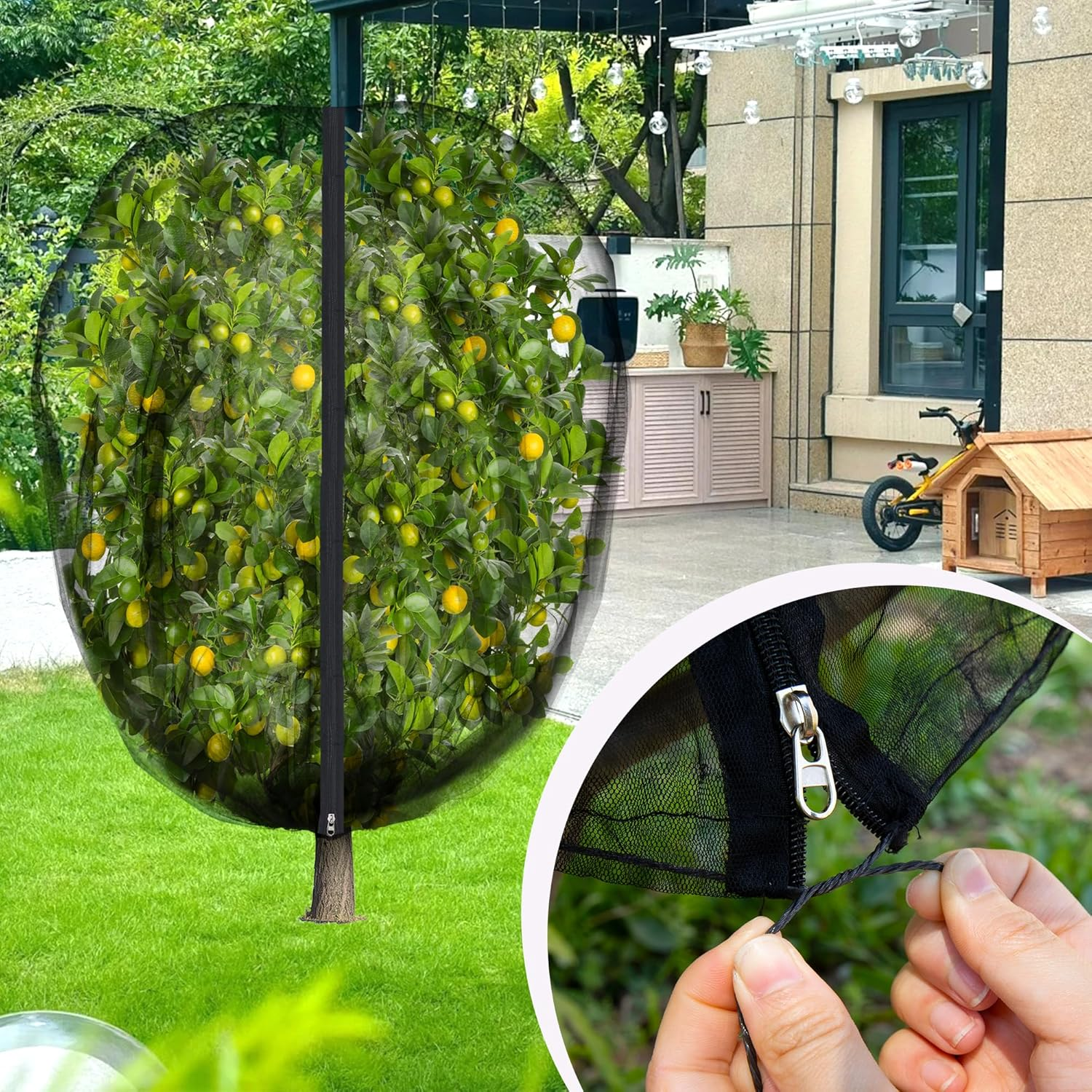 2 Pcs Black Large Fruit Tree Netting with Zipper and Drawstring, 5.3 X 5.3 Ft Breathable Mesh Garden Bird Netting Plant Cover, Insect Bird Barrier Net Mesh for Protect Plants from Squirrel Bugs image number 4