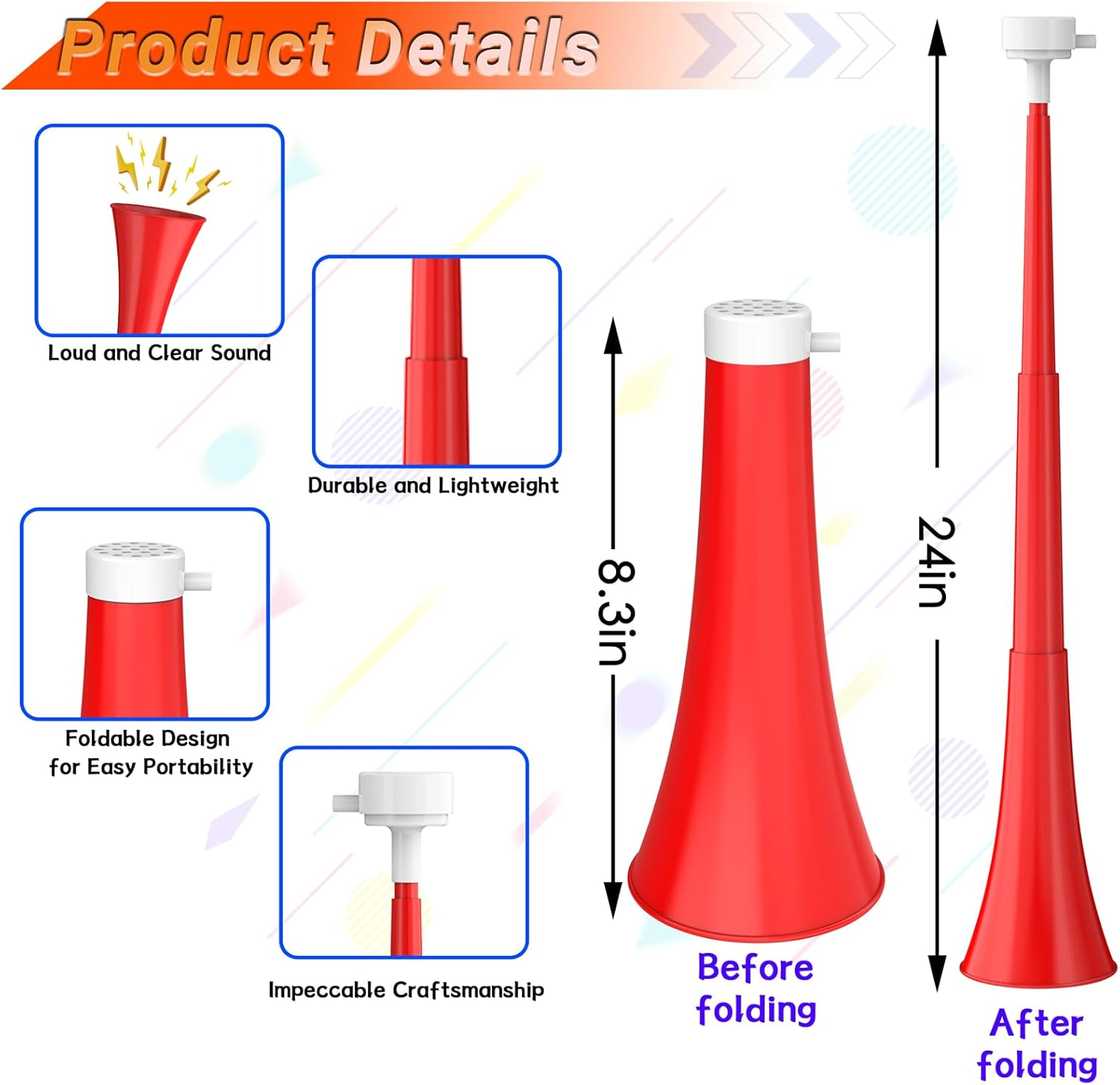 Collapsible Stadium Horn 24 Inch Vuvuzela Plastic Trumpet Horn Blow Horn Noisemakers Loud Sound Soccer Horn Cheer Horn for Sporting Events Graduation Games School Party Supplies Favors Accessories image number 4