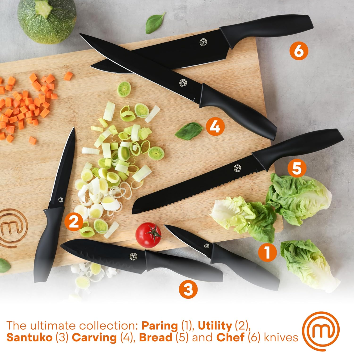 Masterchef Knife Block Set of 6 Kitchen Knives, Extra Sharp Stainless Steel Blades for Professional Cutting with Non Stick Coating & Soft Touch Easy Grip Handles in a Universal Block, Essential Black image number 3