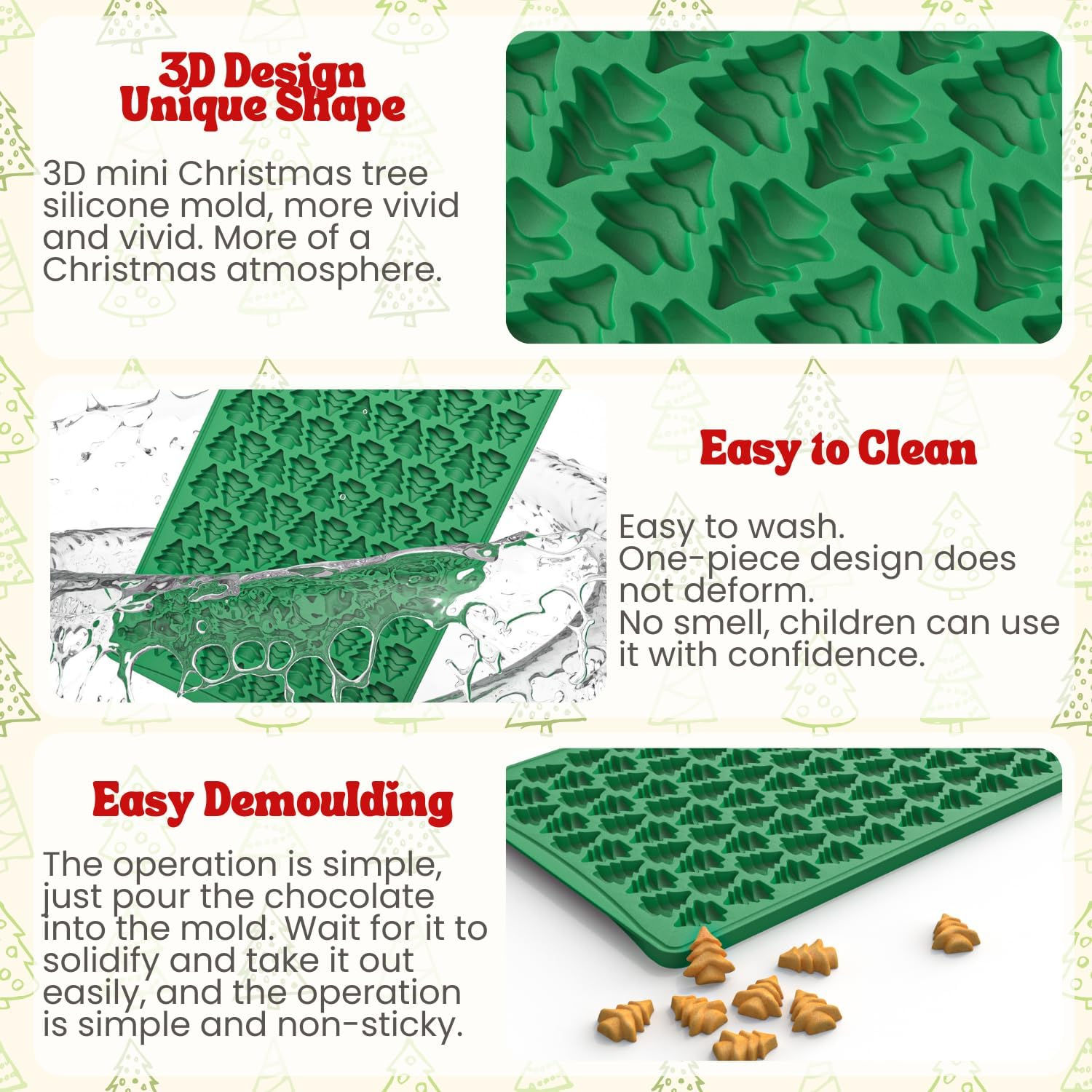 Crethinkaty Mini Christmas Moulds, Silicone Christmas Tree Mould, 100 Cavity Christmas Tree Shape Silicone Moulds, Mini Gummy Mould for Baking, Cookies, Pudding, Jelly, Dog Biscuit image number 6